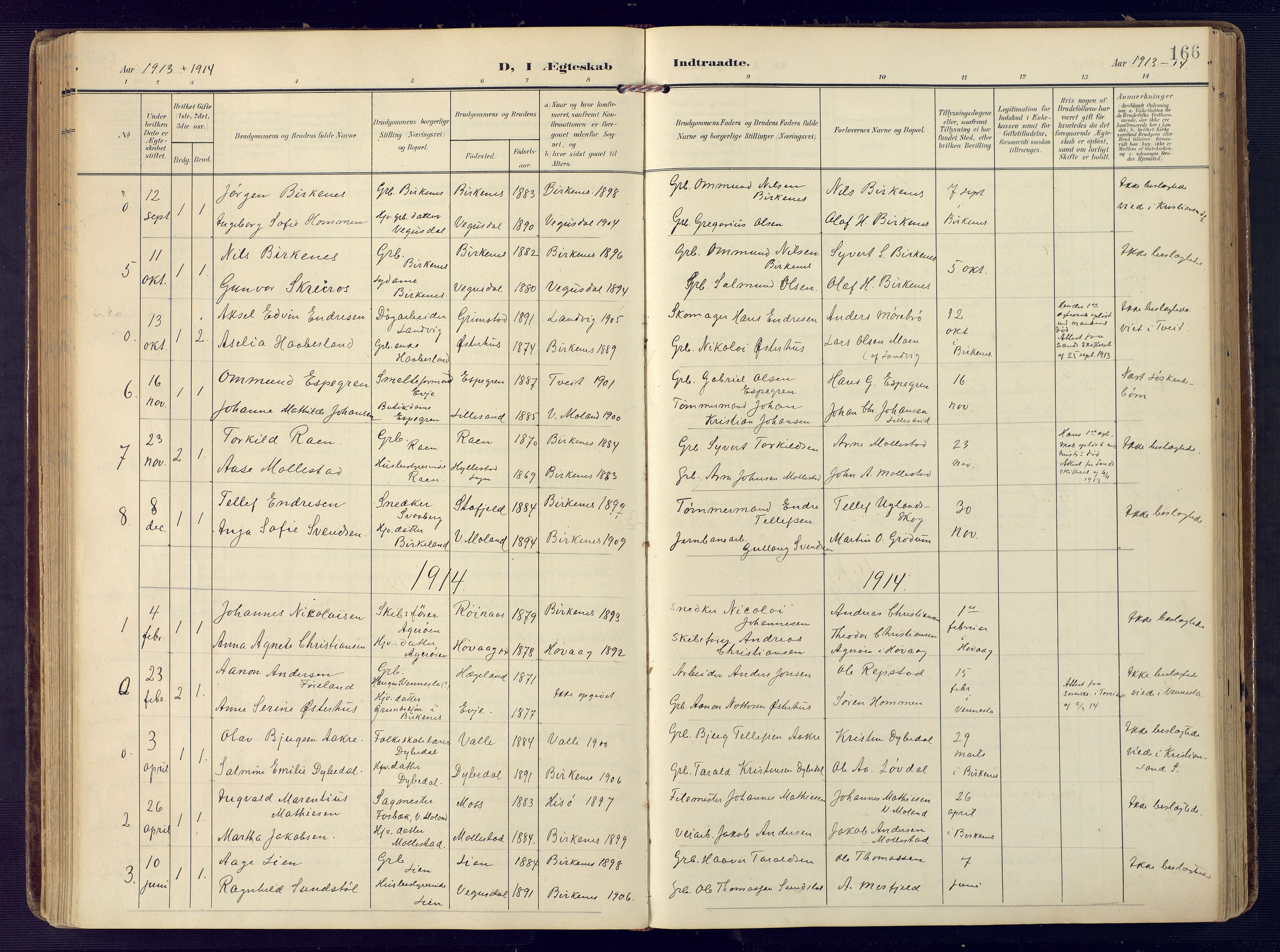 Birkenes sokneprestkontor, AV/SAK-1111-0004/F/Fa/L0006: Parish register (official) no. A 6, 1908-1932, p. 166