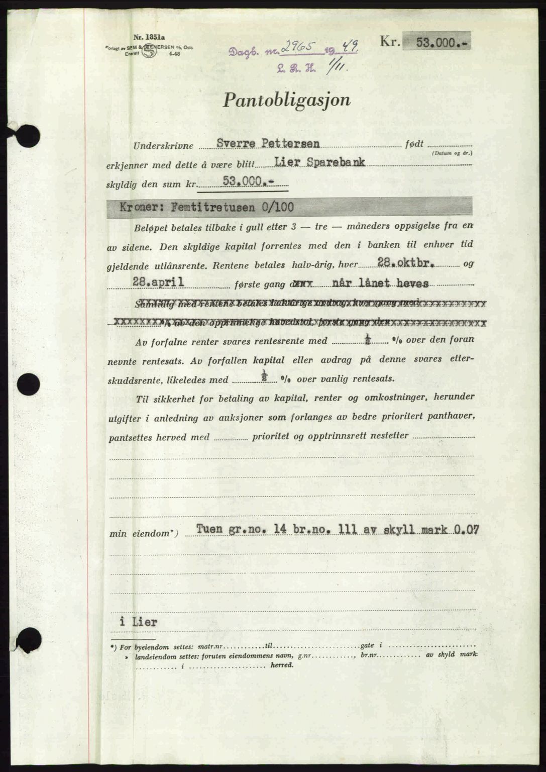Lier, Røyken og Hurum sorenskriveri, SAKO/A-89/G/Ga/Gab/L0103: Mortgage book no. 103, 1949-1949, Diary no: : 2965/1949