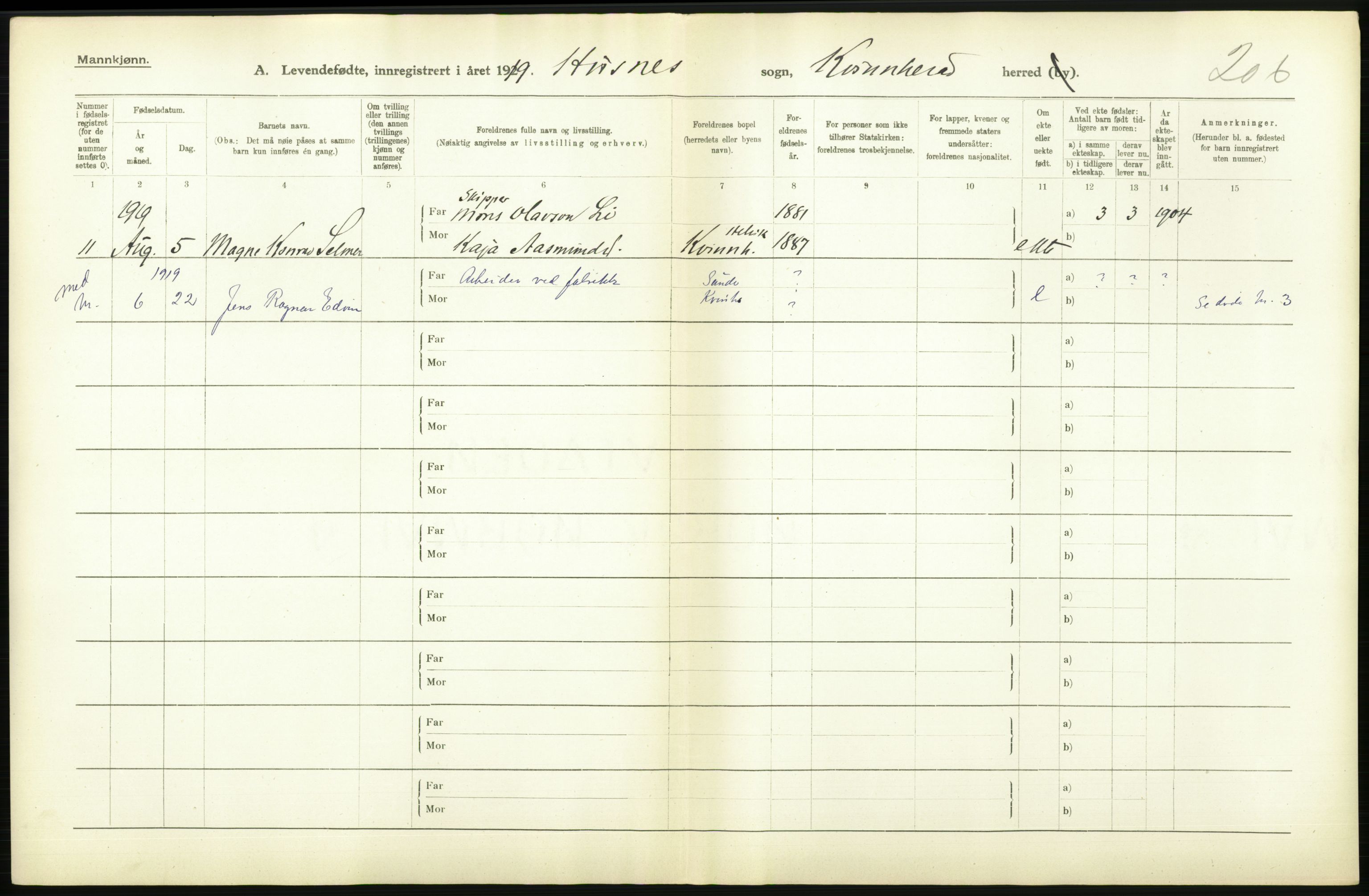 Statistisk sentralbyrå, Sosiodemografiske emner, Befolkning, RA/S-2228/D/Df/Dfb/Dfbi/L0031: Hordaland fylke: Levendefødte menn og kvinner. Bygder., 1919, p. 510