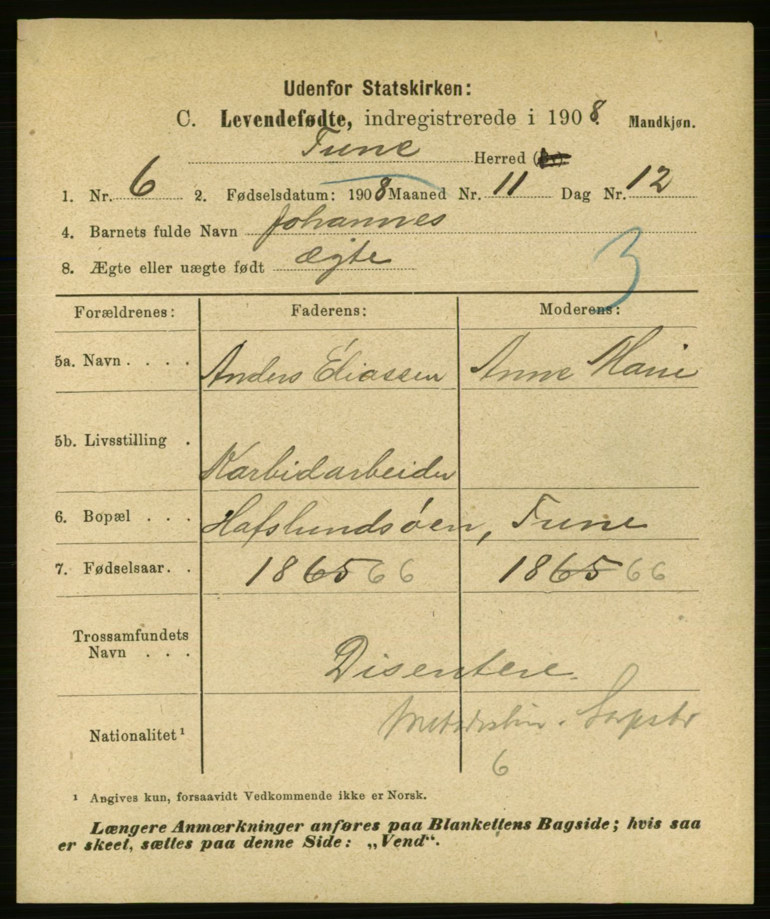 Statistisk sentralbyrå, Sosiodemografiske emner, Befolkning, AV/RA-S-2228/E/L0007: Fødte, gifte, døde dissentere., 1909, p. 5