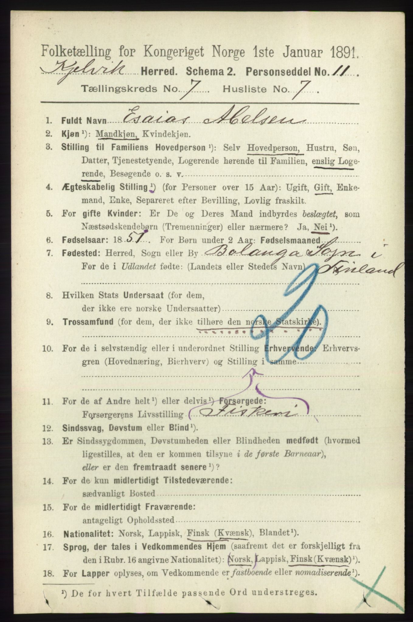RA, 1891 census for 2019 Kjelvik, 1891, p. 935