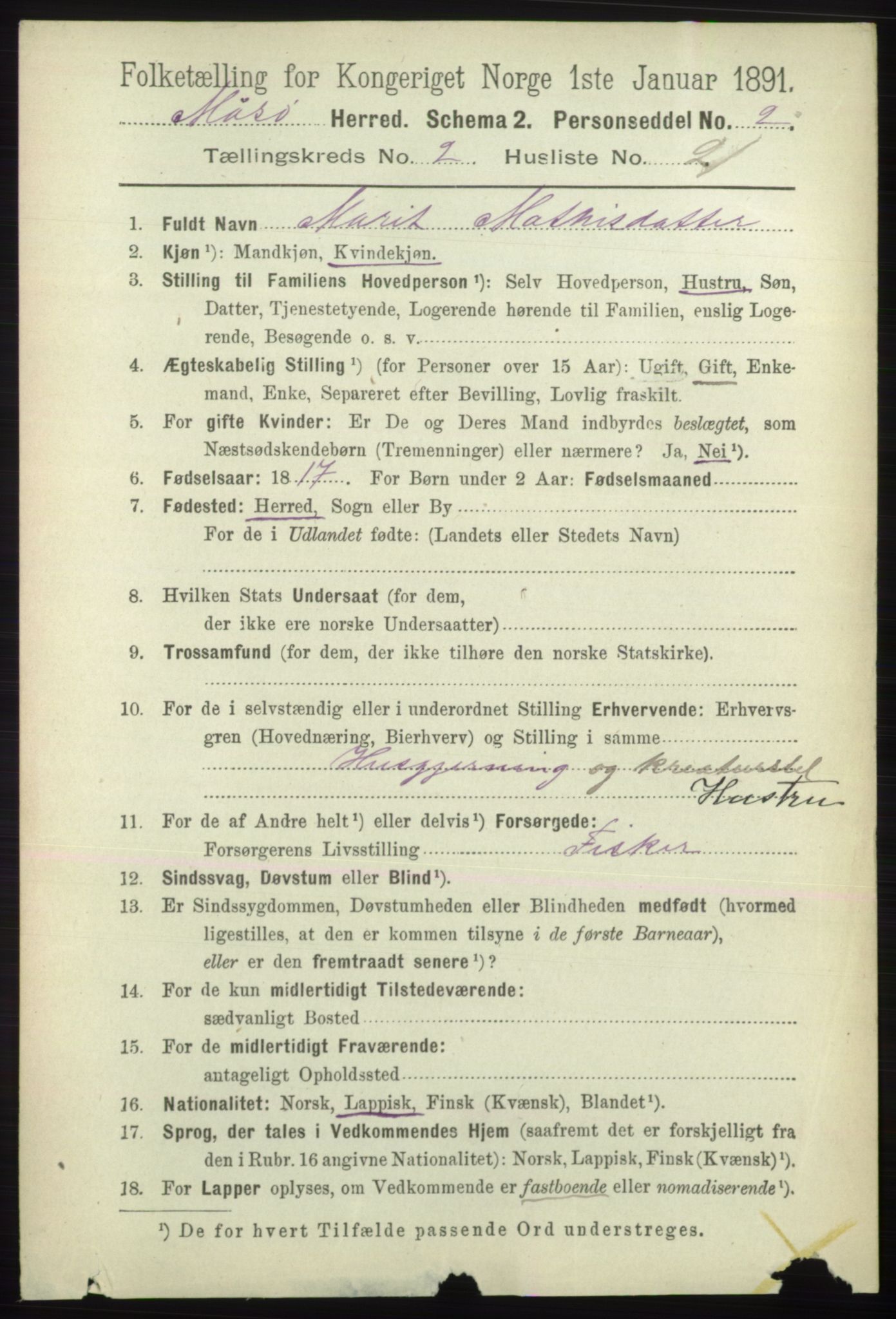 RA, 1891 census for 2018 Måsøy, 1891, p. 360