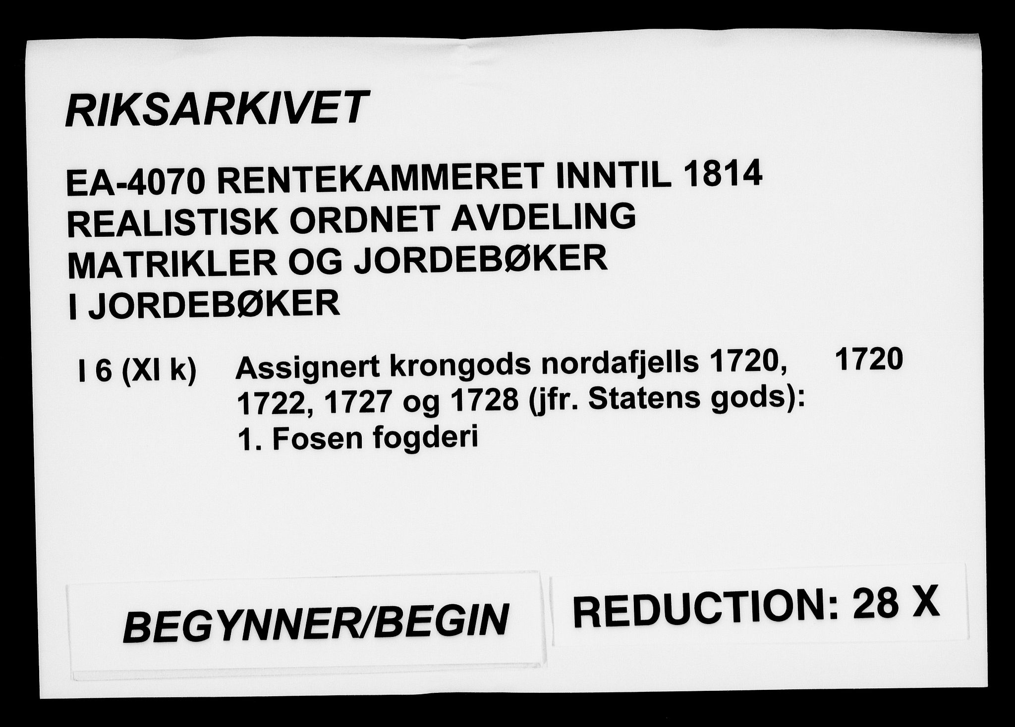 Rentekammeret inntil 1814, Realistisk ordnet avdeling, AV/RA-EA-4070/N/Na/L0006/0001: [XI k]: Assignert krongods nordafjells (1720, 1722, 1727 og 1728): / Fosen fogderi, 1720