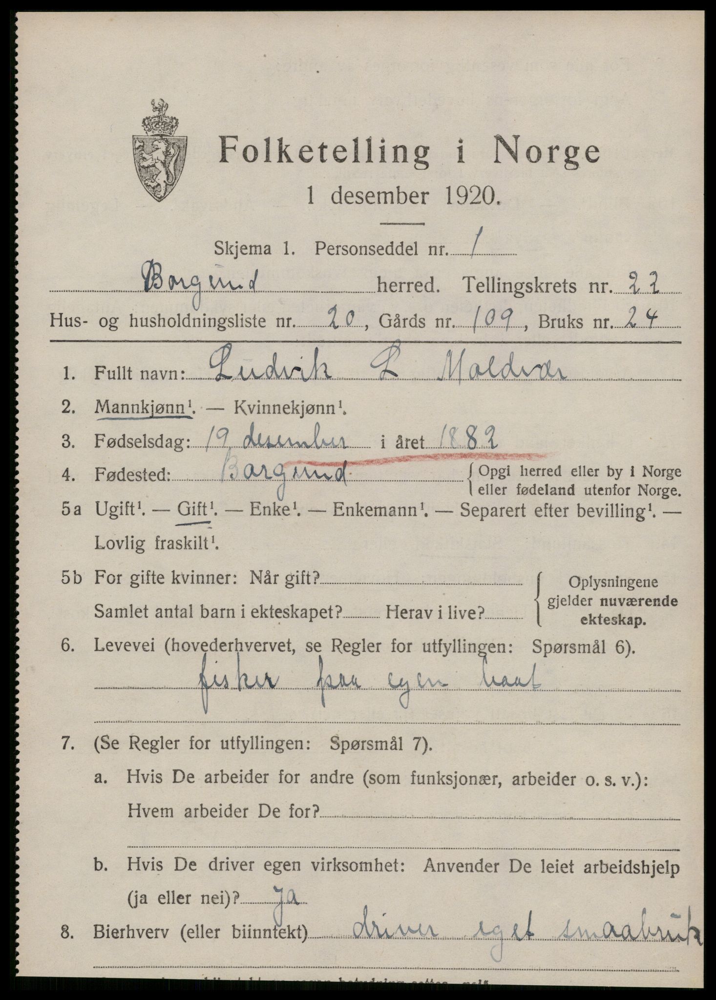 SAT, 1920 census for Borgund, 1920, p. 15410