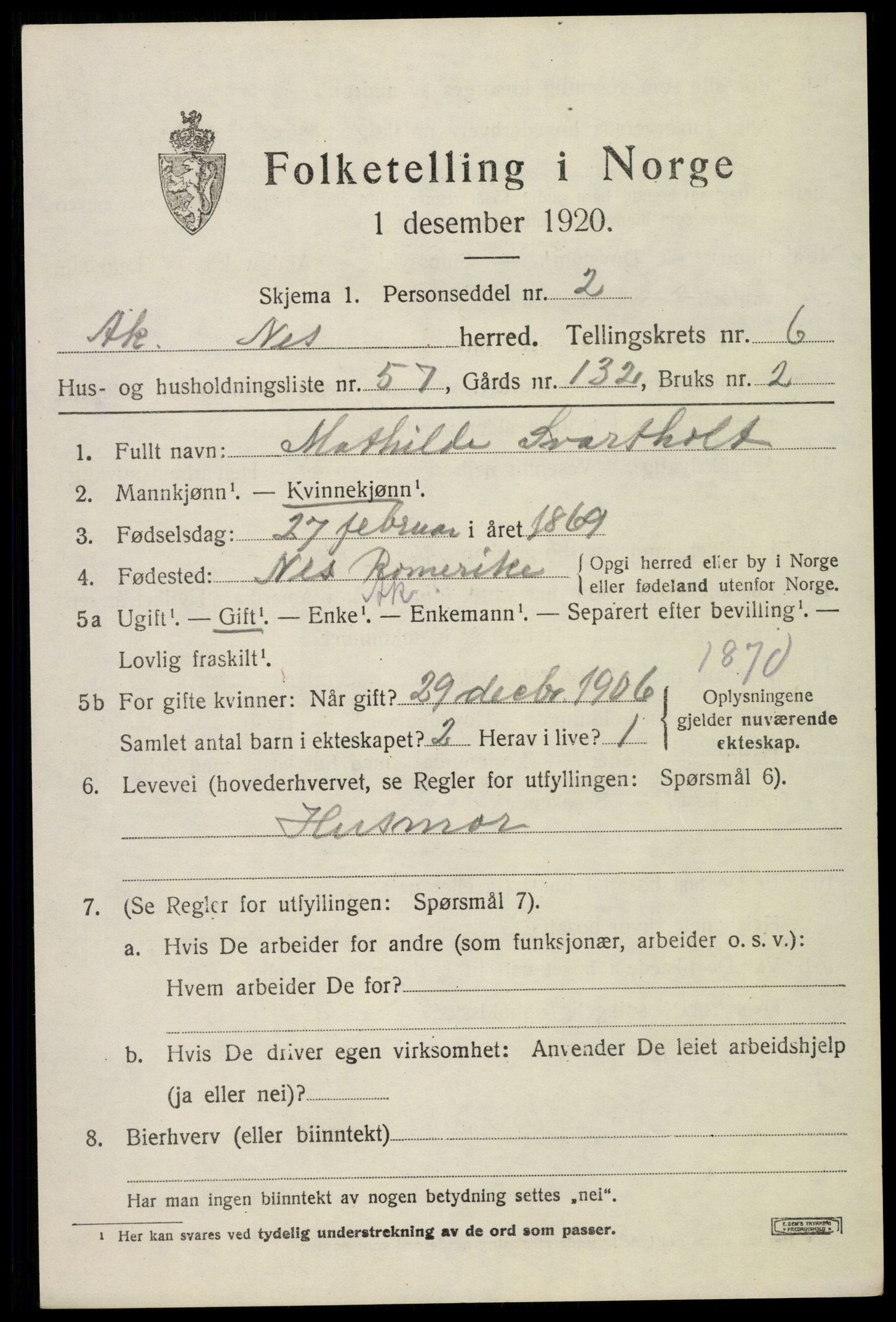 SAO, 1920 census for Nes, 1920, p. 8308