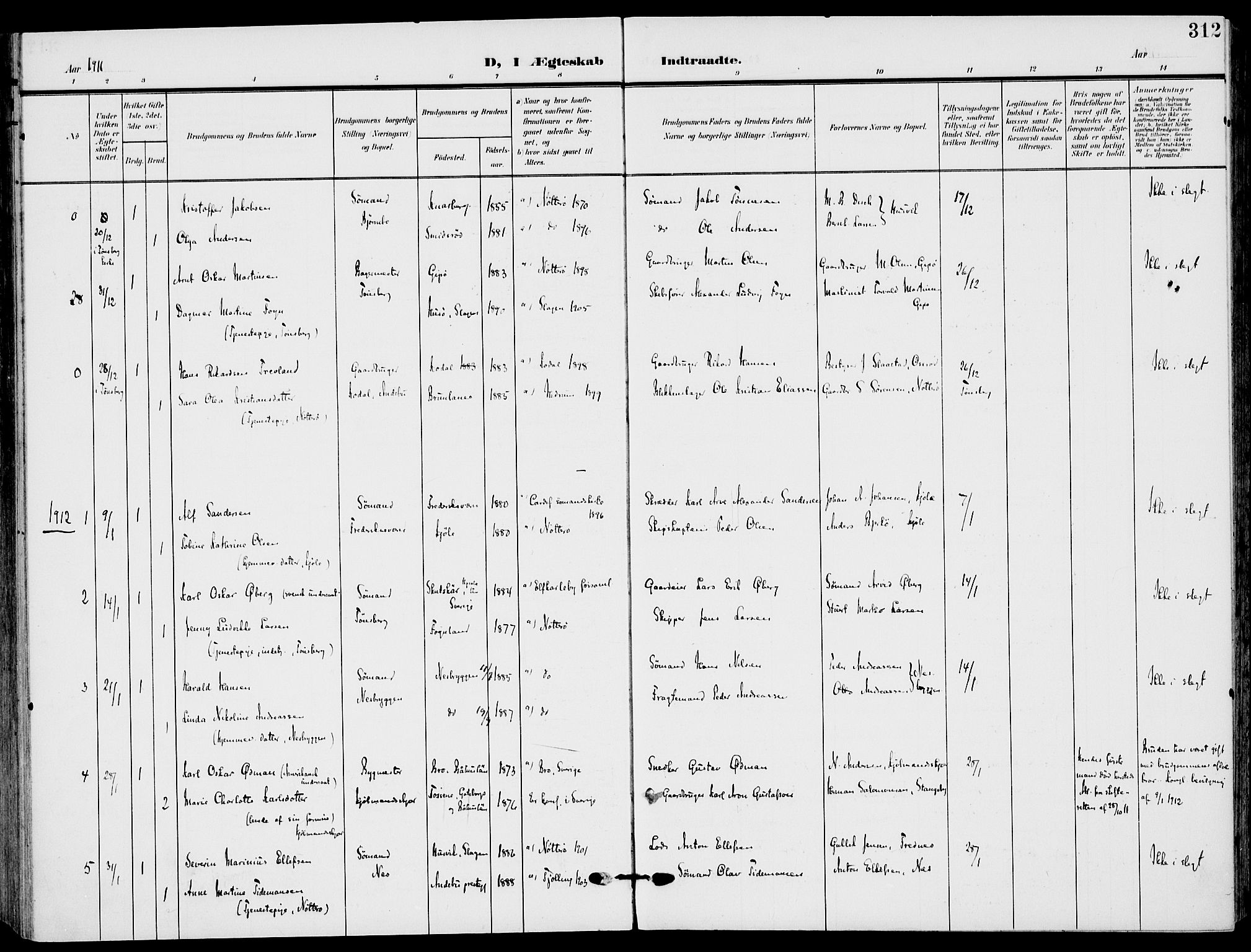 Nøtterøy kirkebøker, AV/SAKO-A-354/F/Fa/L0010: Parish register (official) no. I 10, 1908-1919, p. 312