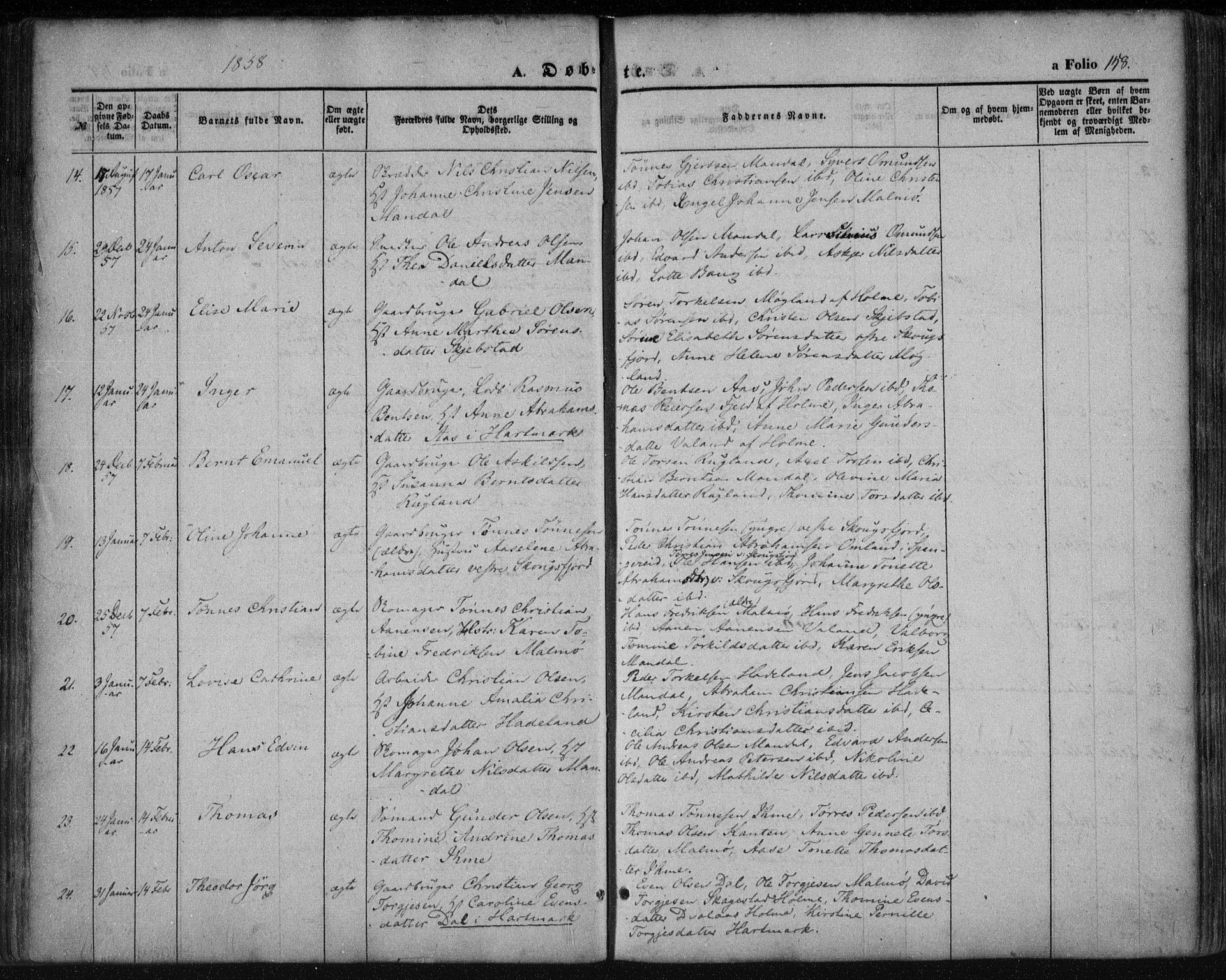 Mandal sokneprestkontor, AV/SAK-1111-0030/F/Fa/Faa/L0013: Parish register (official) no. A 13, 1847-1859, p. 158