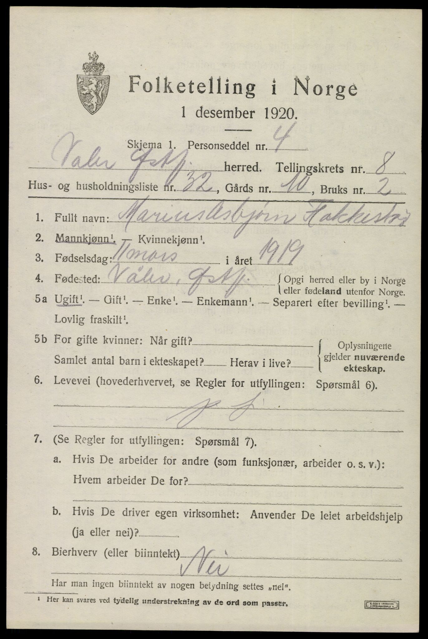 SAO, 1920 census for Våler, 1920, p. 4580