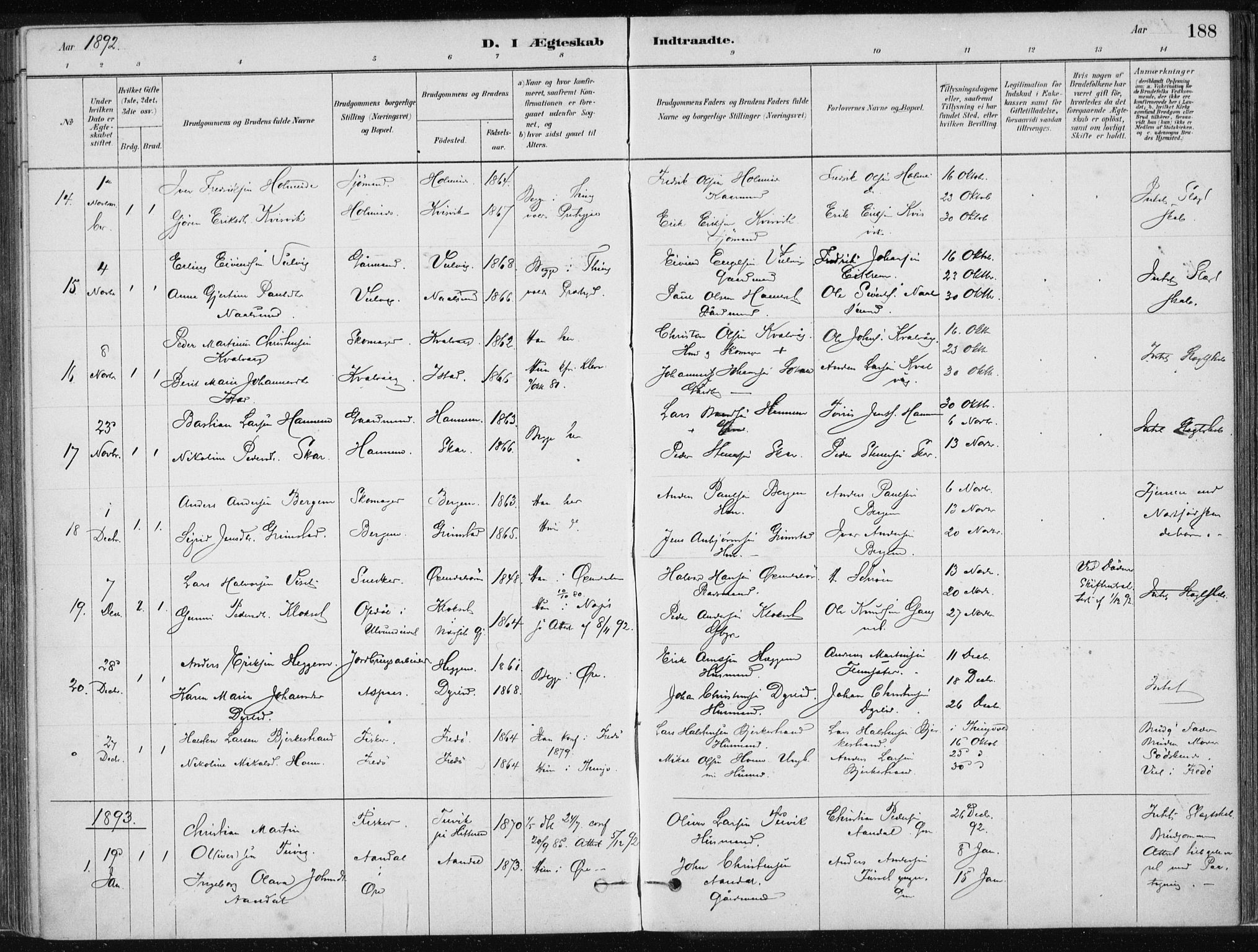 Ministerialprotokoller, klokkerbøker og fødselsregistre - Møre og Romsdal, AV/SAT-A-1454/586/L0987: Parish register (official) no. 586A13, 1879-1892, p. 188