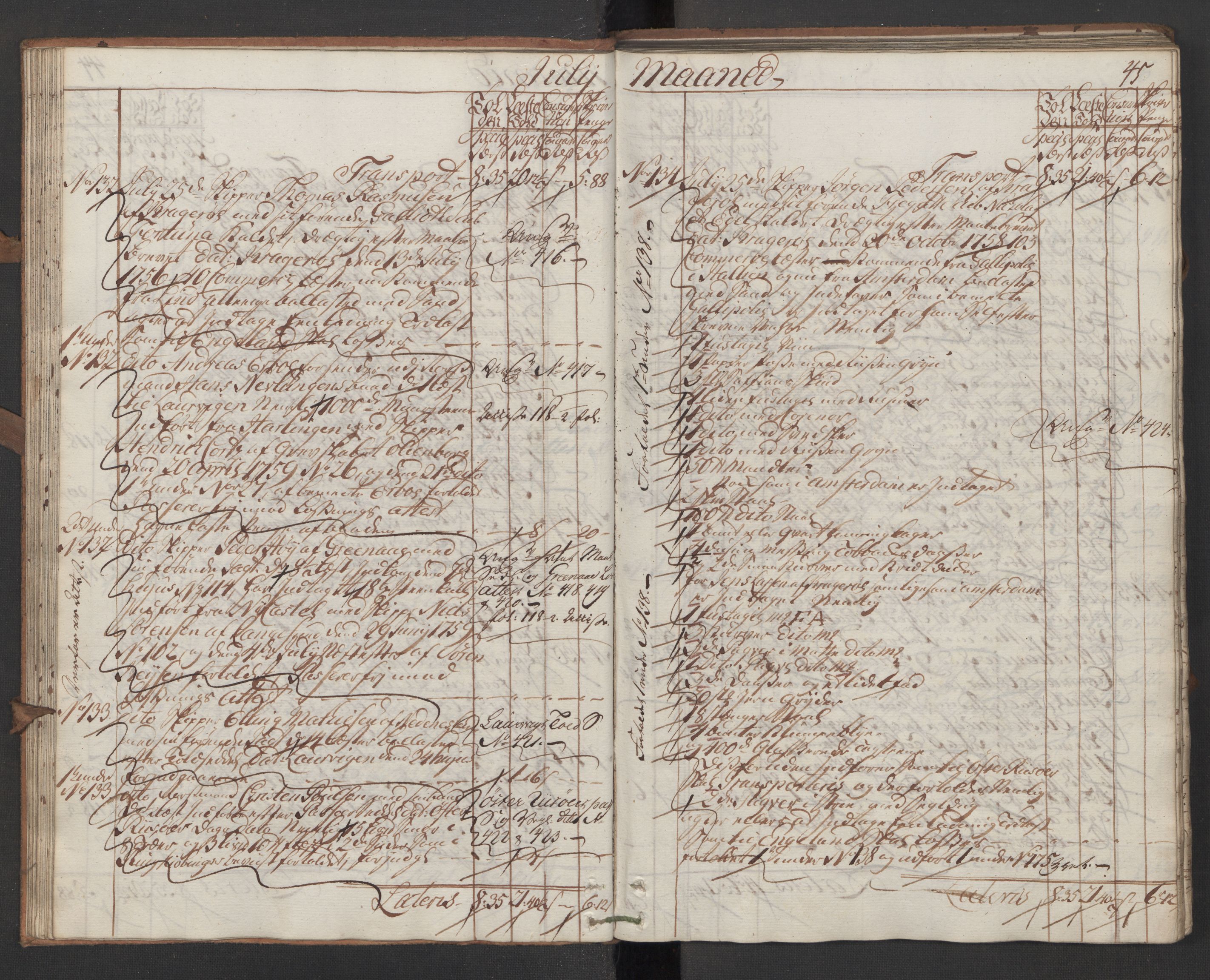 Generaltollkammeret, tollregnskaper, AV/RA-EA-5490/R13/L0028/0001: Tollregnskaper Kragerø / Inngående hovedtollbok, 1760, p. 44b-45a