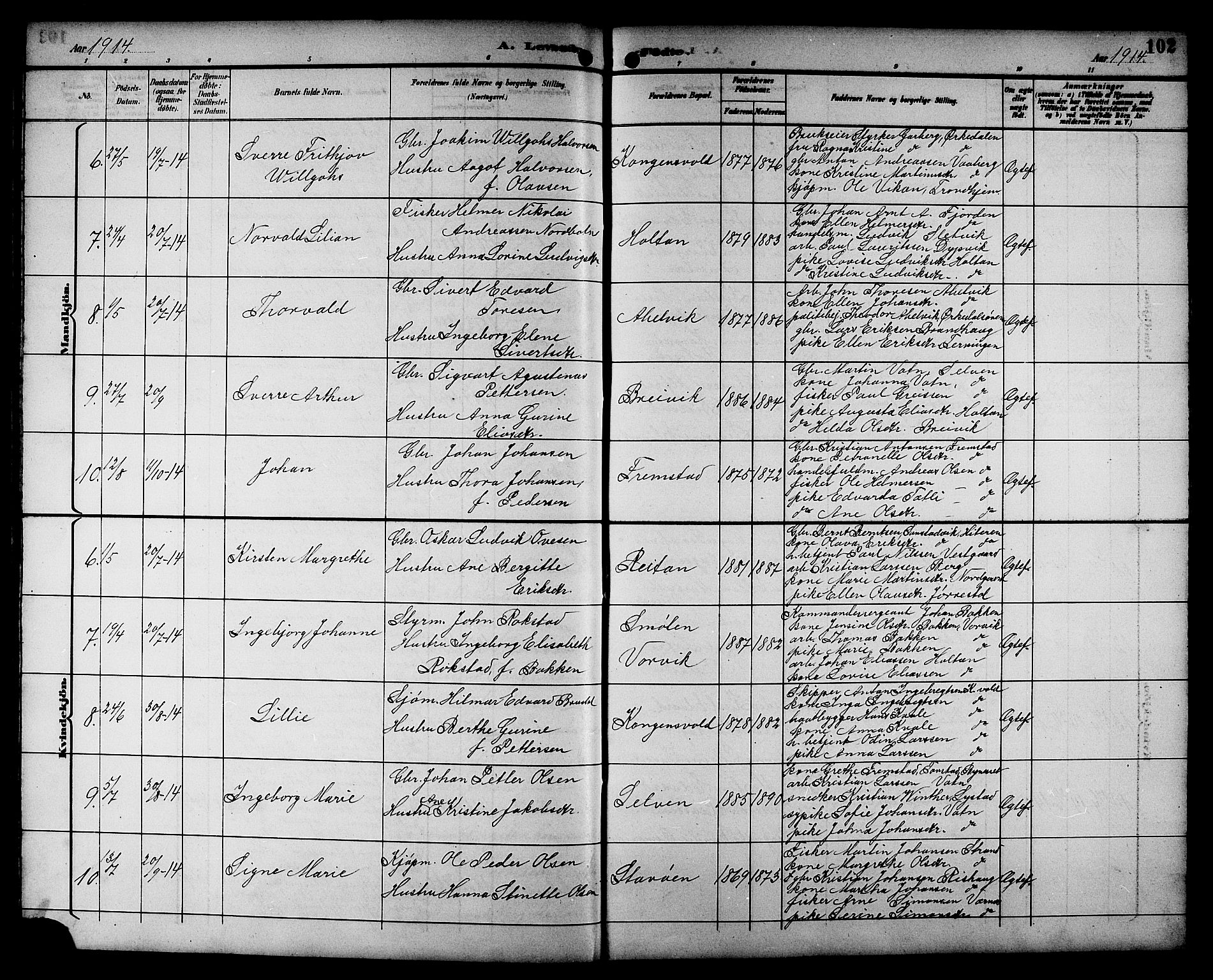 Ministerialprotokoller, klokkerbøker og fødselsregistre - Sør-Trøndelag, SAT/A-1456/662/L0757: Parish register (copy) no. 662C02, 1892-1918, p. 102