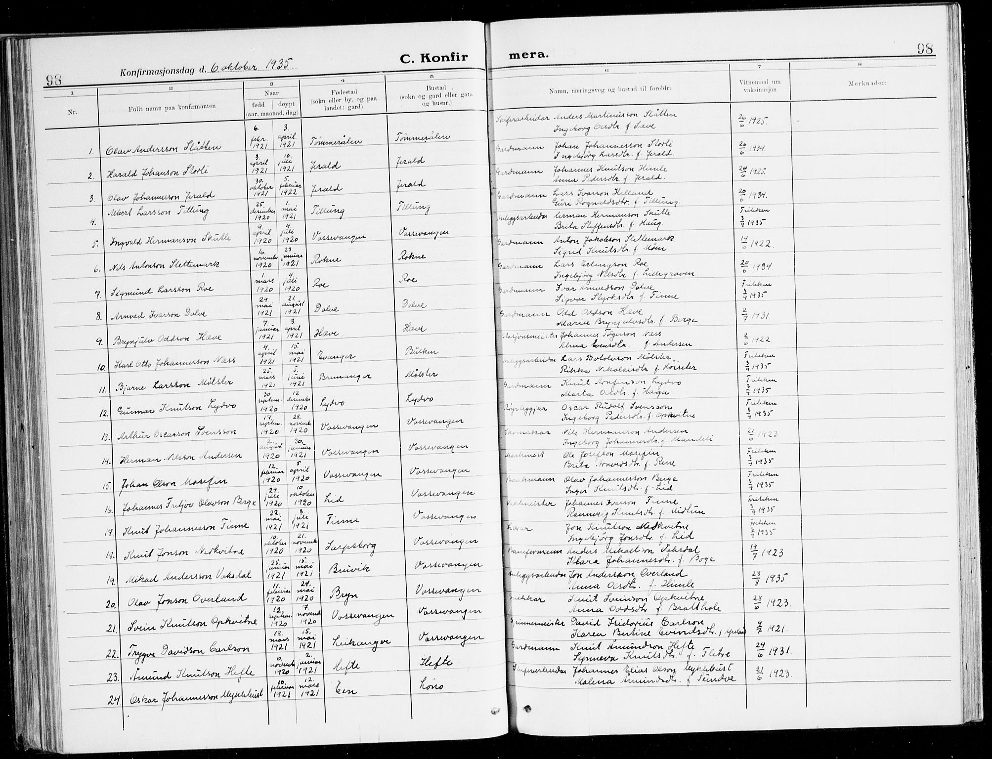 Voss sokneprestembete, AV/SAB-A-79001/H/Haa: Parish register (official) no. B 3, 1922-1942, p. 98