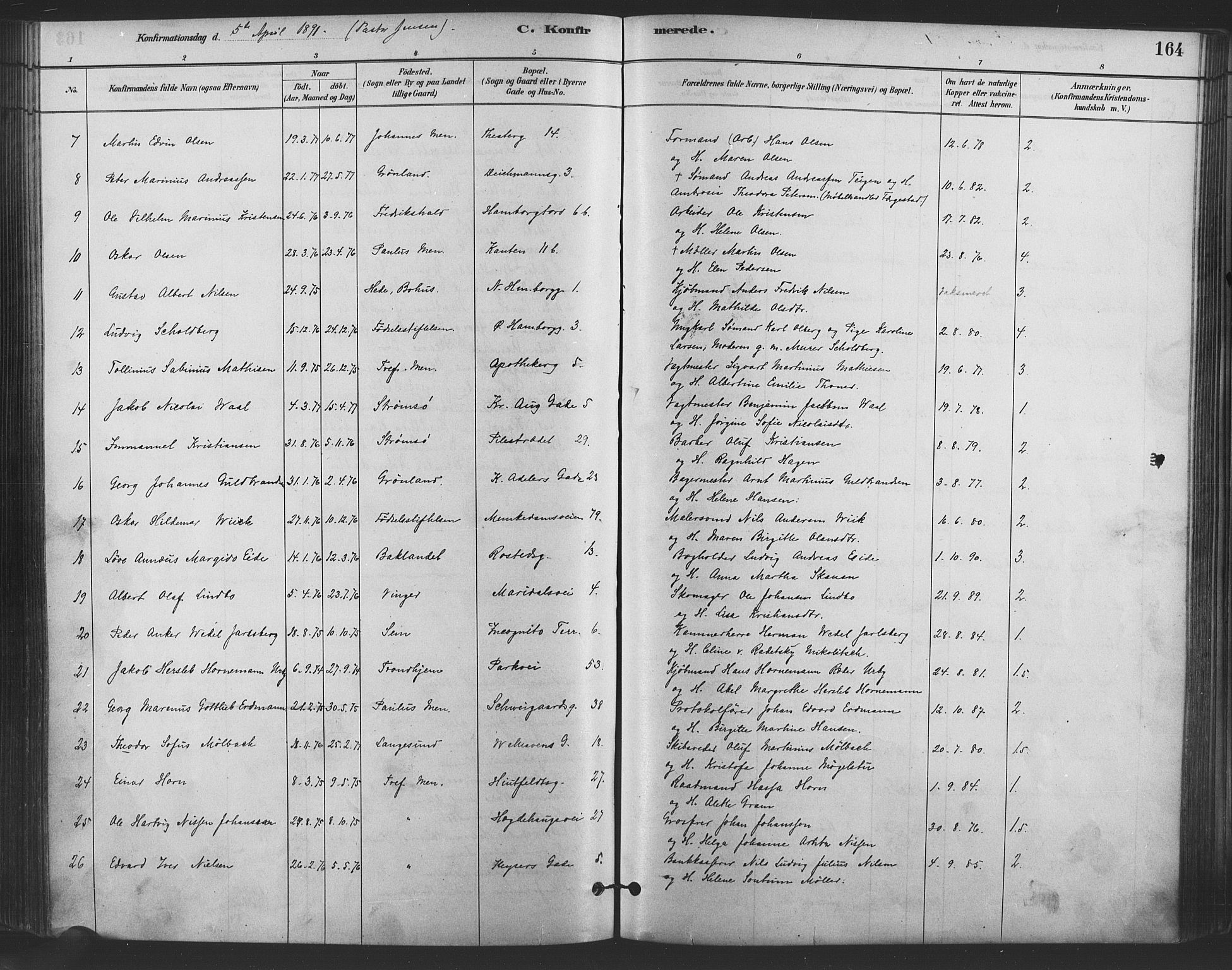 Trefoldighet prestekontor Kirkebøker, SAO/A-10882/F/Fb/L0003: Parish register (official) no. II 3, 1881-1895, p. 164