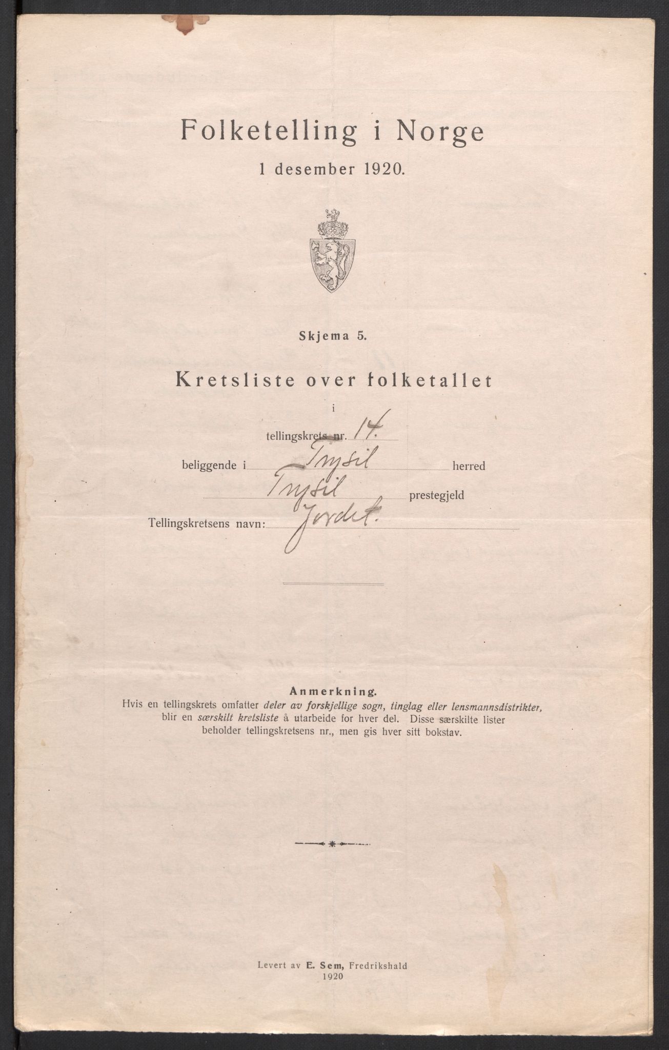 SAH, 1920 census for Trysil, 1920, p. 45