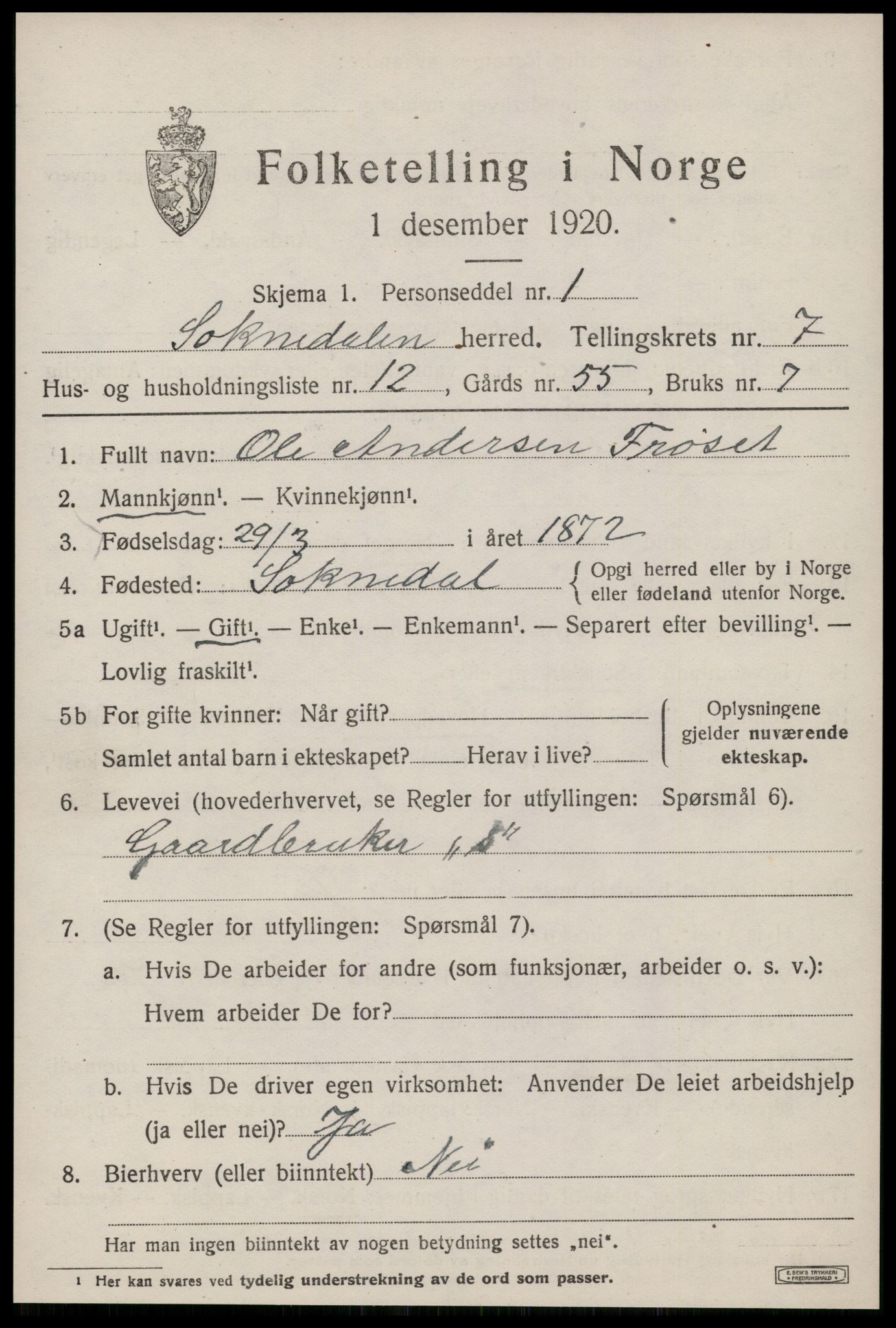 SAT, 1920 census for Soknedal, 1920, p. 3576