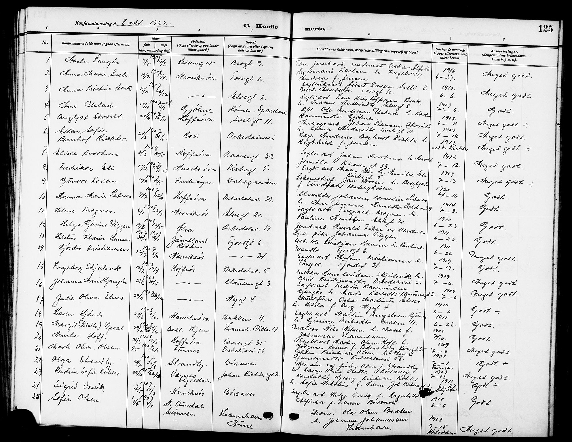 Ministerialprotokoller, klokkerbøker og fødselsregistre - Sør-Trøndelag, SAT/A-1456/669/L0831: Parish register (copy) no. 669C01, 1909-1924, p. 125