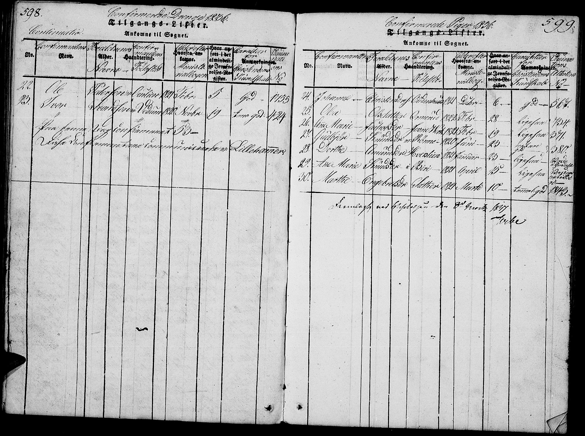 Fåberg prestekontor, SAH/PREST-086/H/Ha/Hab/L0004: Parish register (copy) no. 4, 1818-1837, p. 598-599