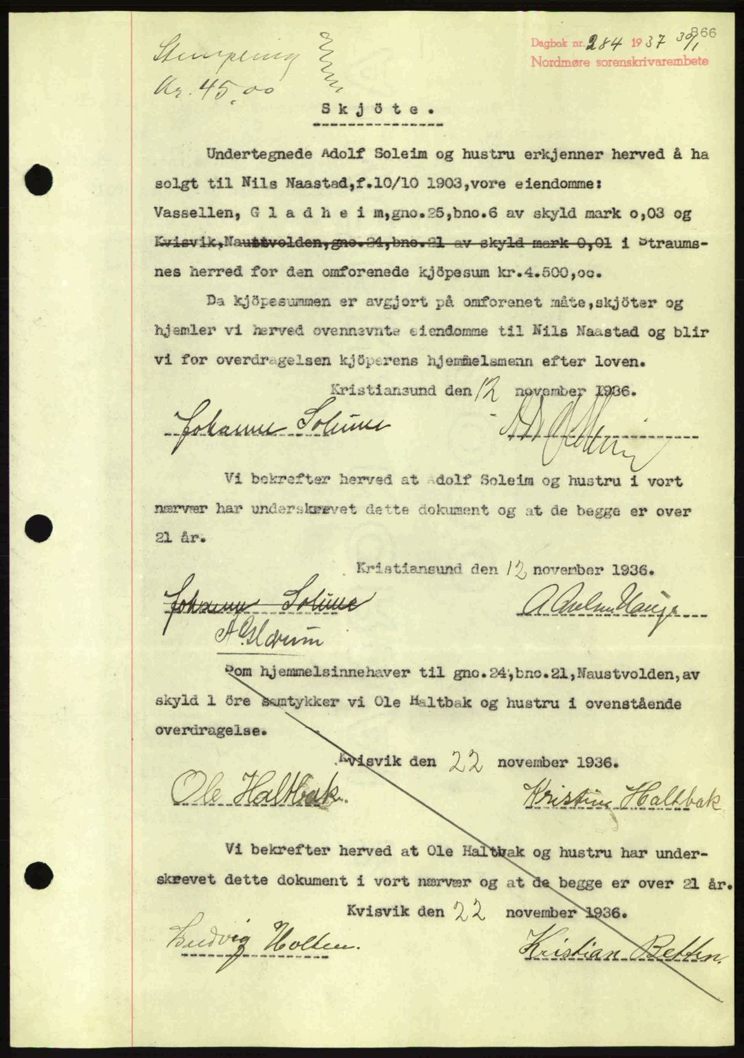 Nordmøre sorenskriveri, AV/SAT-A-4132/1/2/2Ca: Mortgage book no. A80, 1936-1937, Diary no: : 284/1937