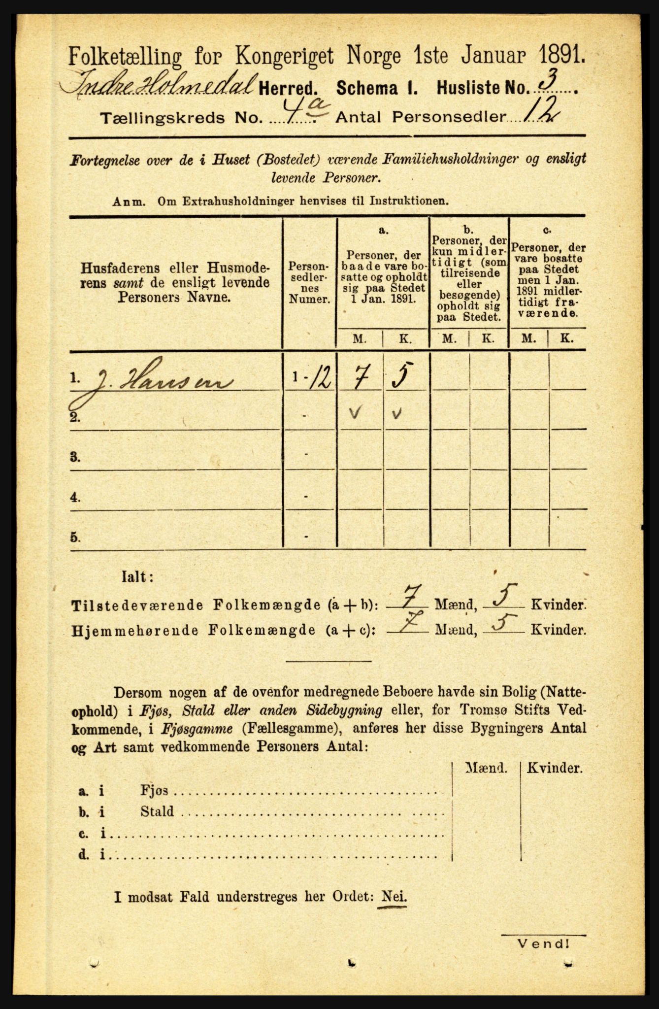 RA, 1891 census for 1430 Indre Holmedal, 1891, p. 1309