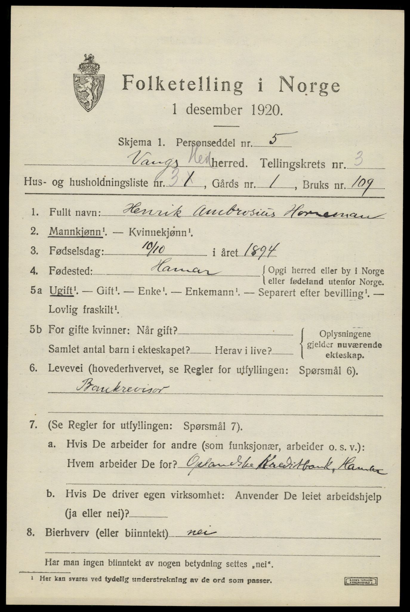 SAH, 1920 census for Vang (Hedmark), 1920, p. 9173