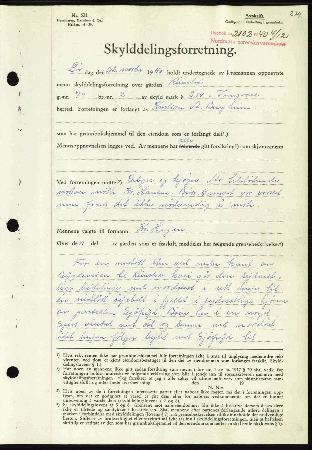 Nordmøre sorenskriveri, SAT/A-4132/1/2/2Ca: Mortgage book no. A89, 1940-1941, Diary no: : 2102/1940