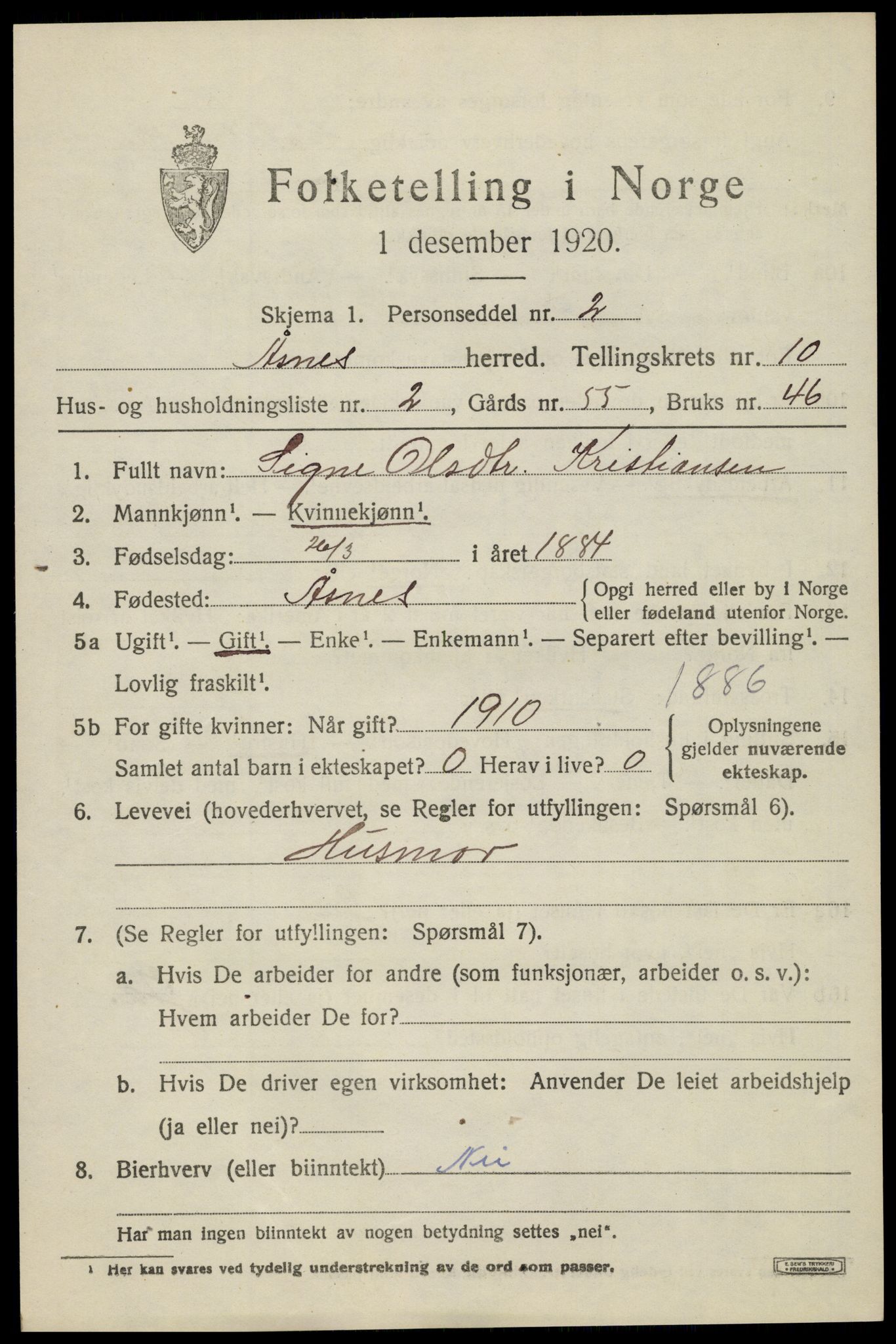 SAH, 1920 census for Åsnes, 1920, p. 10442