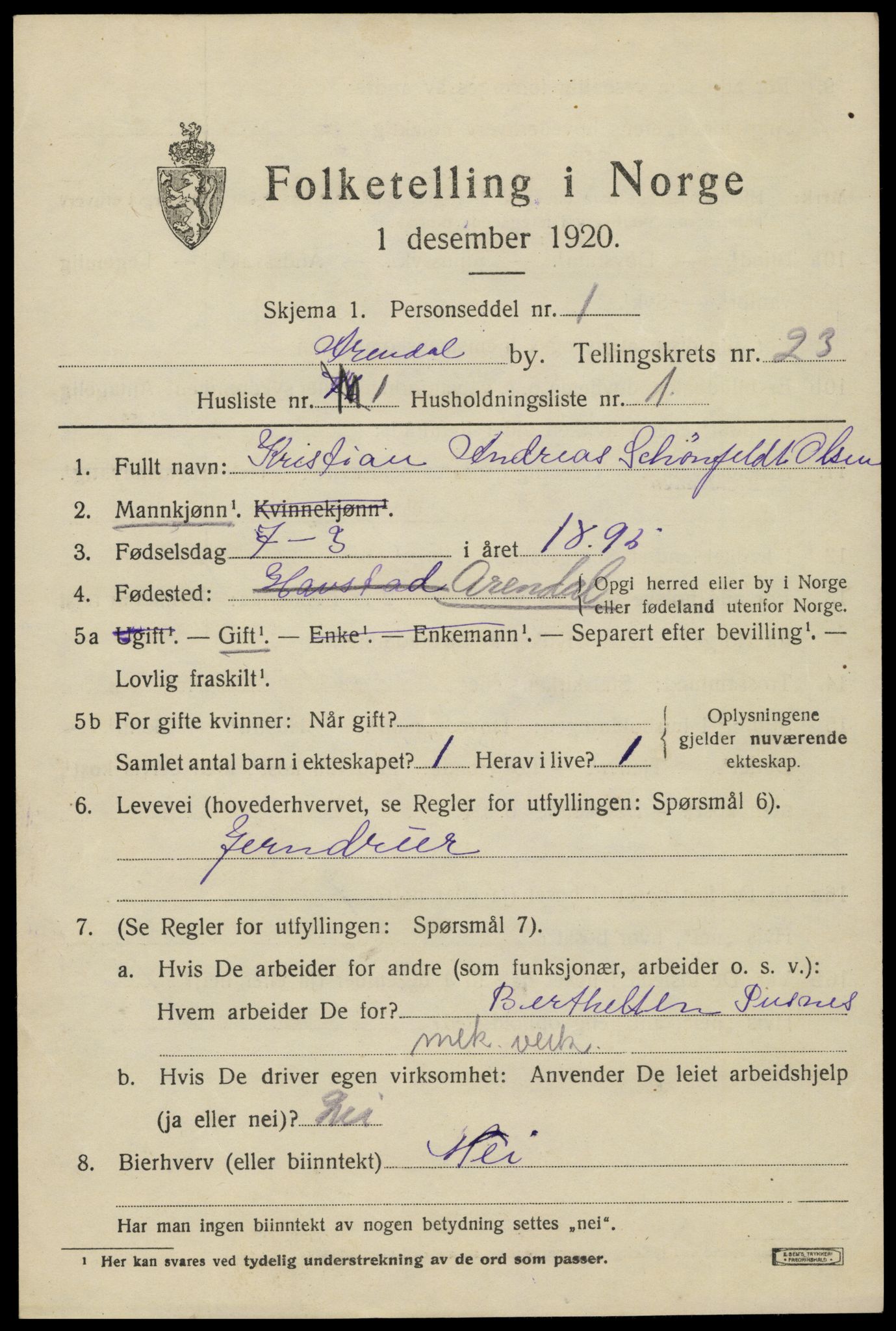 SAK, 1920 census for Arendal, 1920, p. 28976