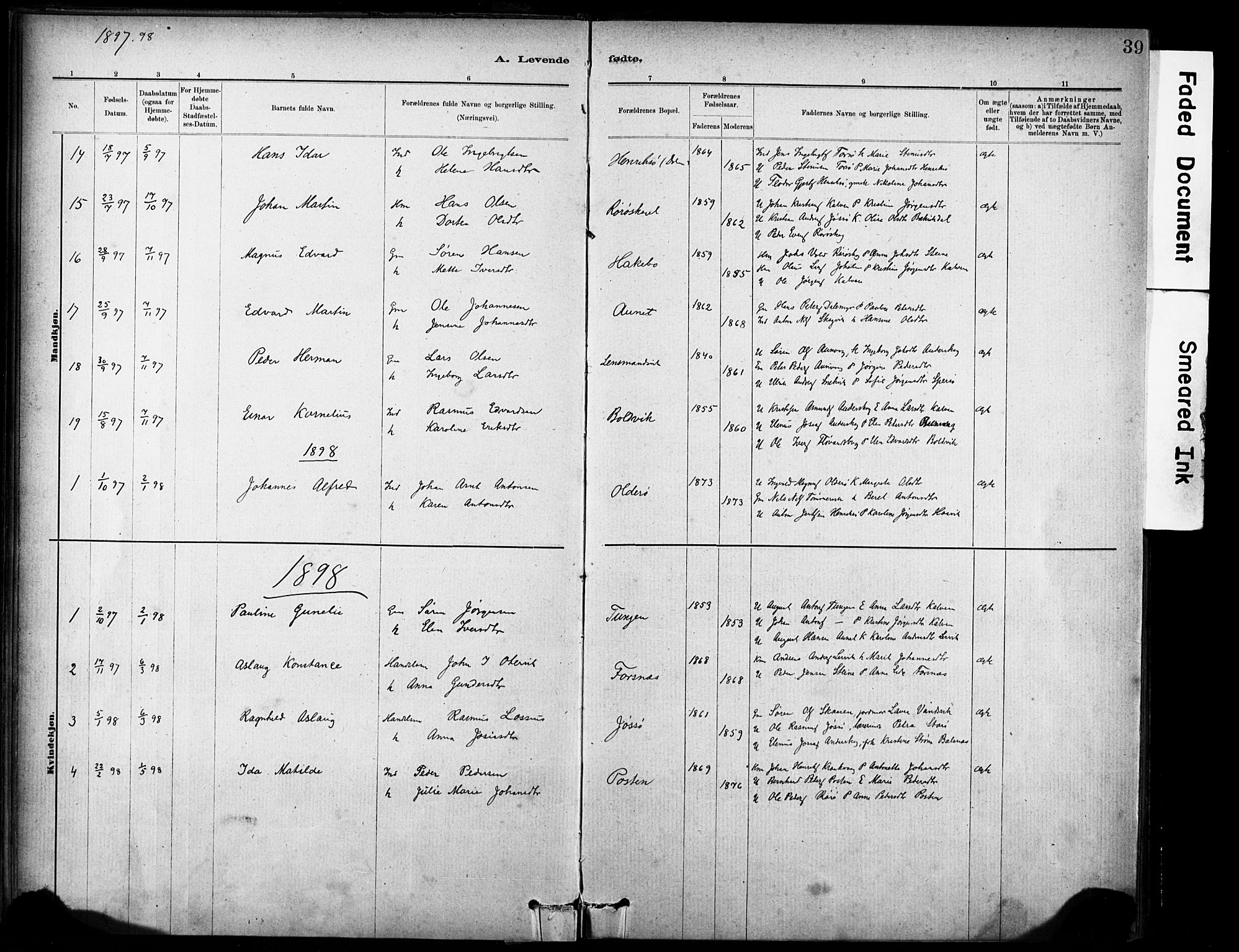 Ministerialprotokoller, klokkerbøker og fødselsregistre - Sør-Trøndelag, SAT/A-1456/635/L0551: Parish register (official) no. 635A01, 1882-1899, p. 39