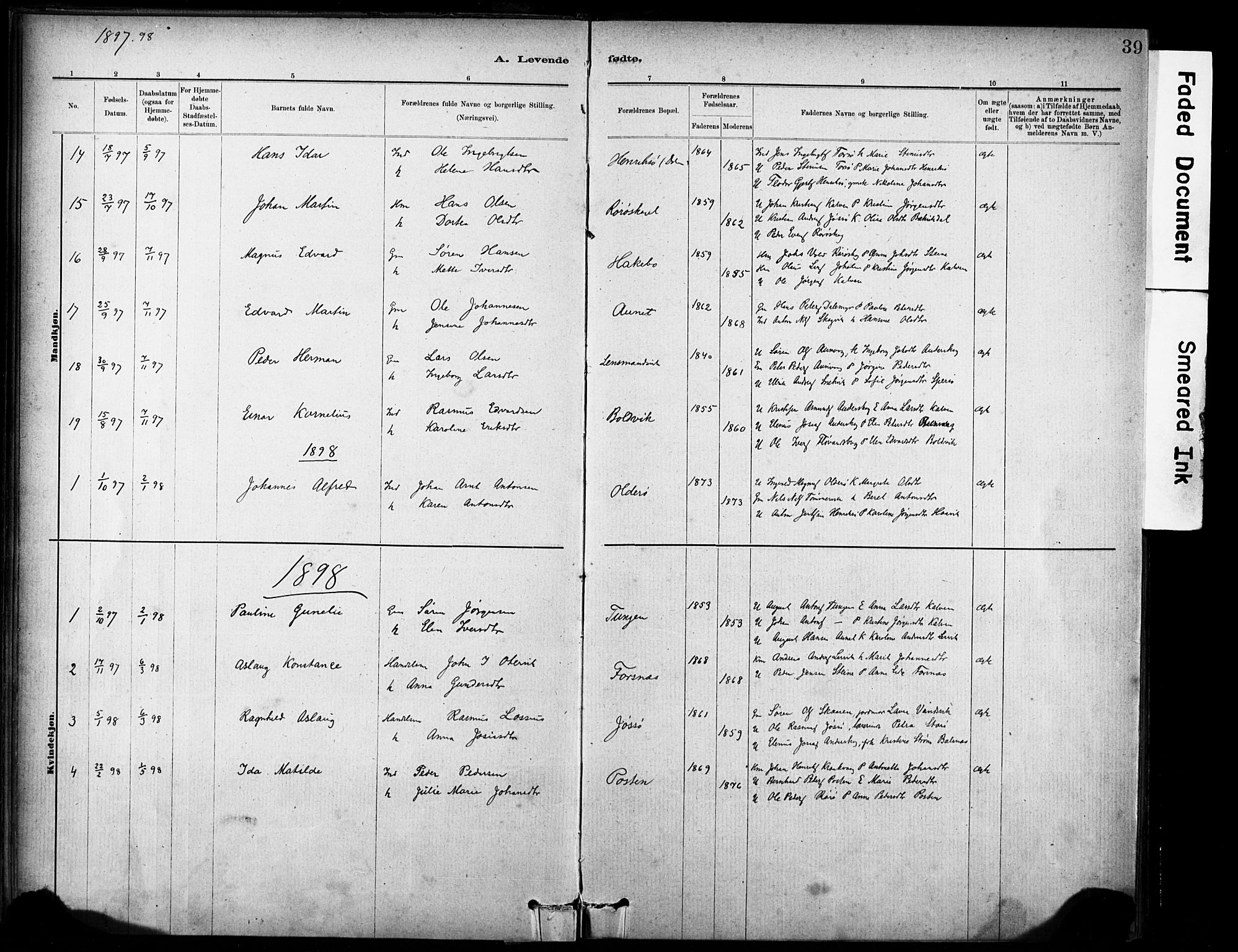 Ministerialprotokoller, klokkerbøker og fødselsregistre - Sør-Trøndelag, AV/SAT-A-1456/635/L0551: Parish register (official) no. 635A01, 1882-1899, p. 39