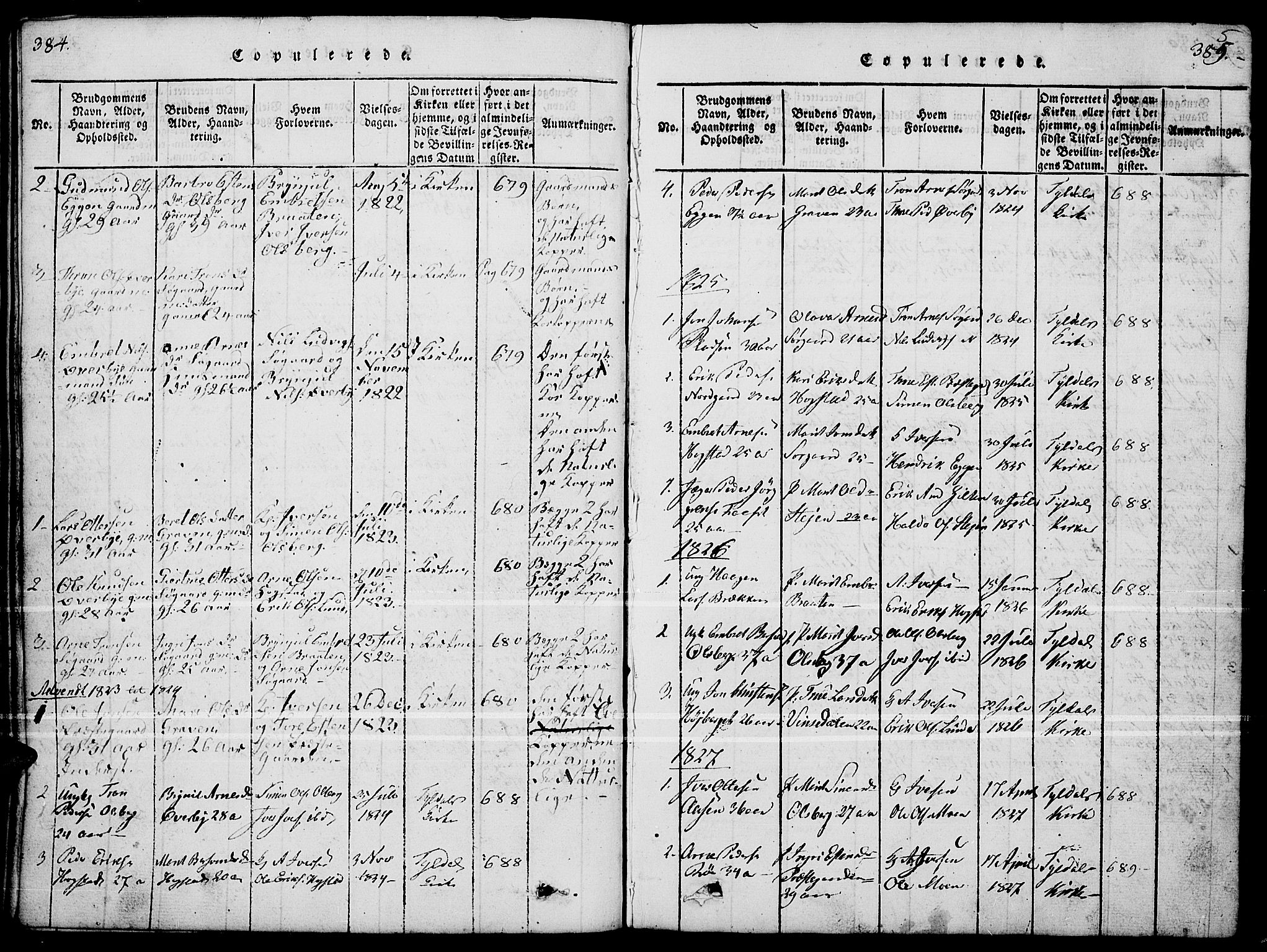 Tynset prestekontor, SAH/PREST-058/H/Ha/Hab/L0004: Parish register (copy) no. 4, 1814-1879, p. 384-385