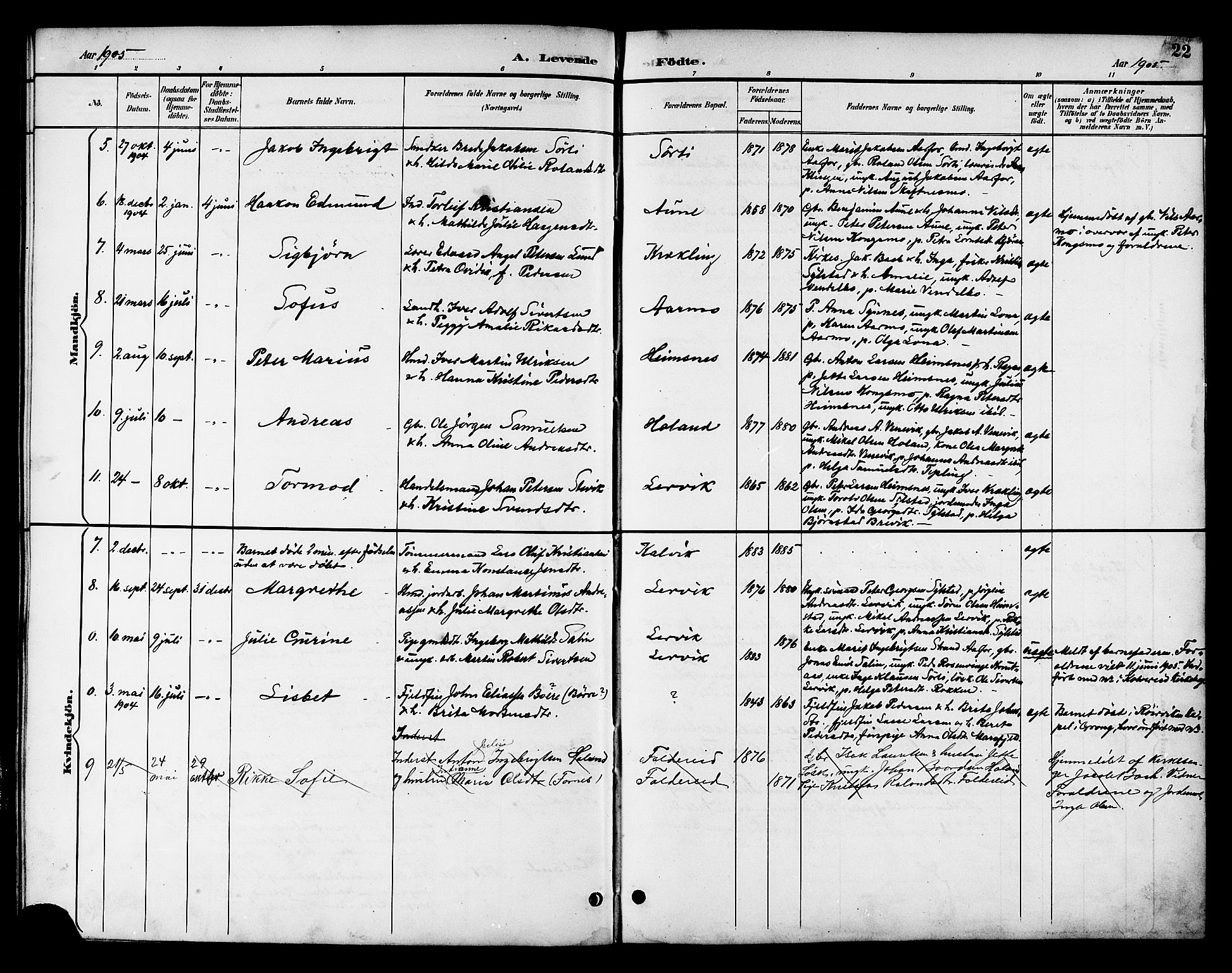 Ministerialprotokoller, klokkerbøker og fødselsregistre - Nord-Trøndelag, AV/SAT-A-1458/783/L0662: Parish register (copy) no. 783C02, 1894-1919, p. 22