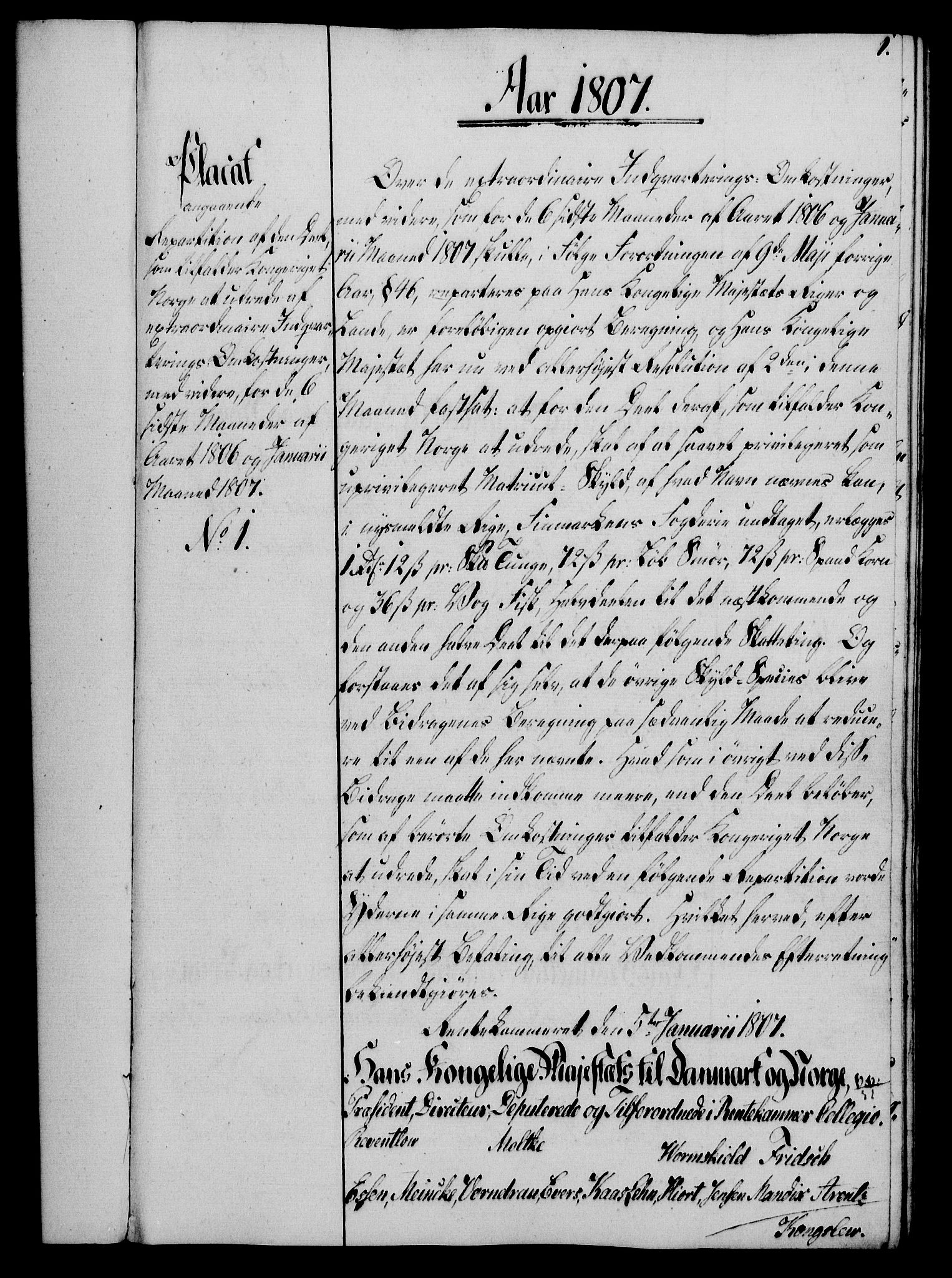 Rentekammeret, Kammerkanselliet, RA/EA-3111/G/Gg/Gga/L0019: Norsk ekspedisjonsprotokoll med register (merket RK 53.19), 1807-1810, p. 1