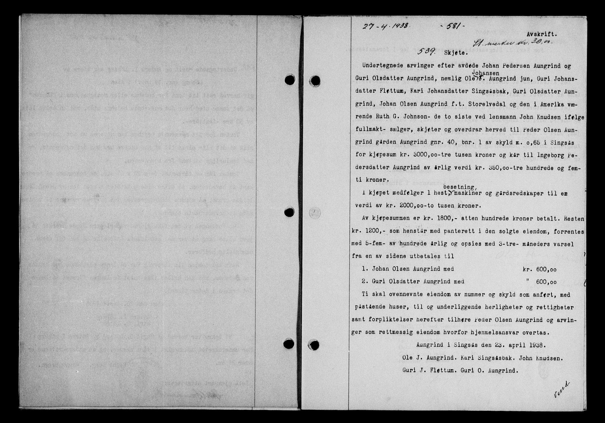 Gauldal sorenskriveri, SAT/A-0014/1/2/2C/L0048: Mortgage book no. 51-52, 1937-1938, p. 581, Diary no: : 539/1938