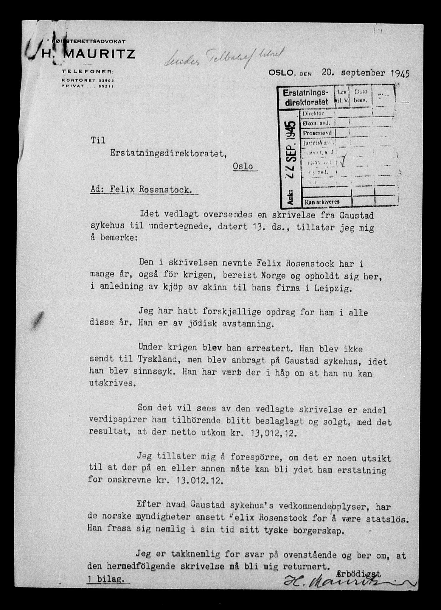 Justisdepartementet, Tilbakeføringskontoret for inndratte formuer, AV/RA-S-1564/H/Hc/Hcc/L0974: --, 1945-1947, p. 185