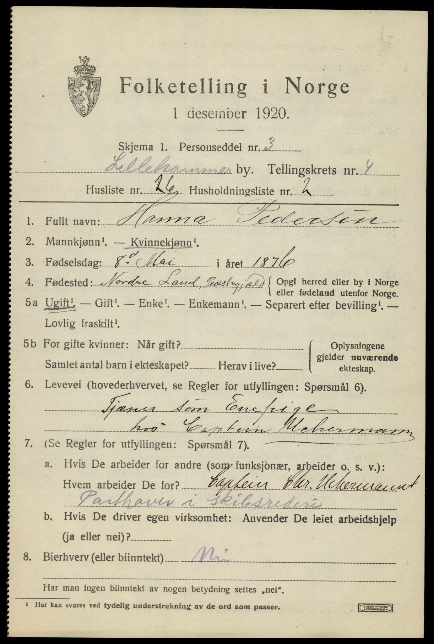 SAH, 1920 census for Lillehammer, 1920, p. 6950