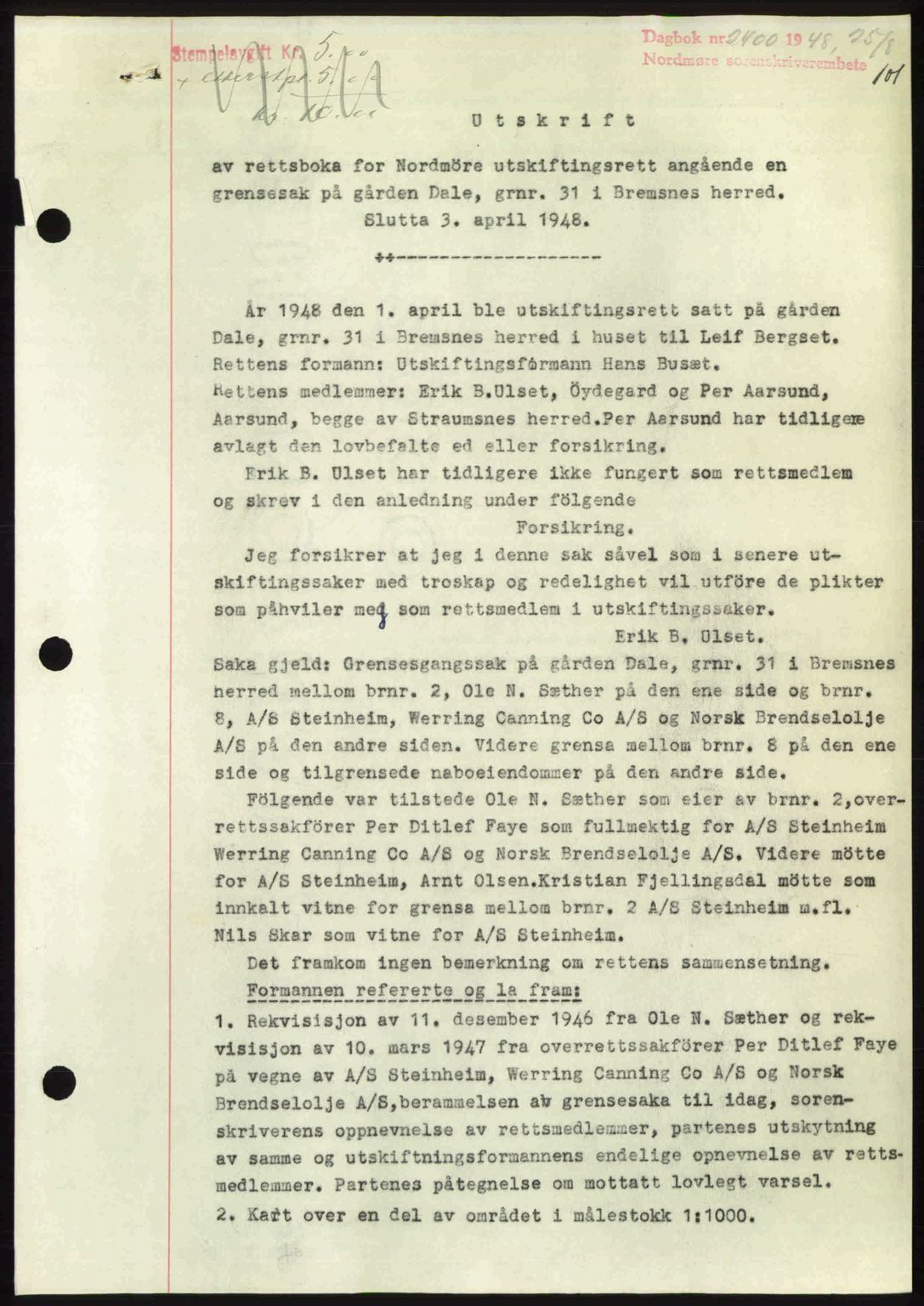 Nordmøre sorenskriveri, AV/SAT-A-4132/1/2/2Ca: Mortgage book no. A109, 1948-1948, Diary no: : 2400/1948