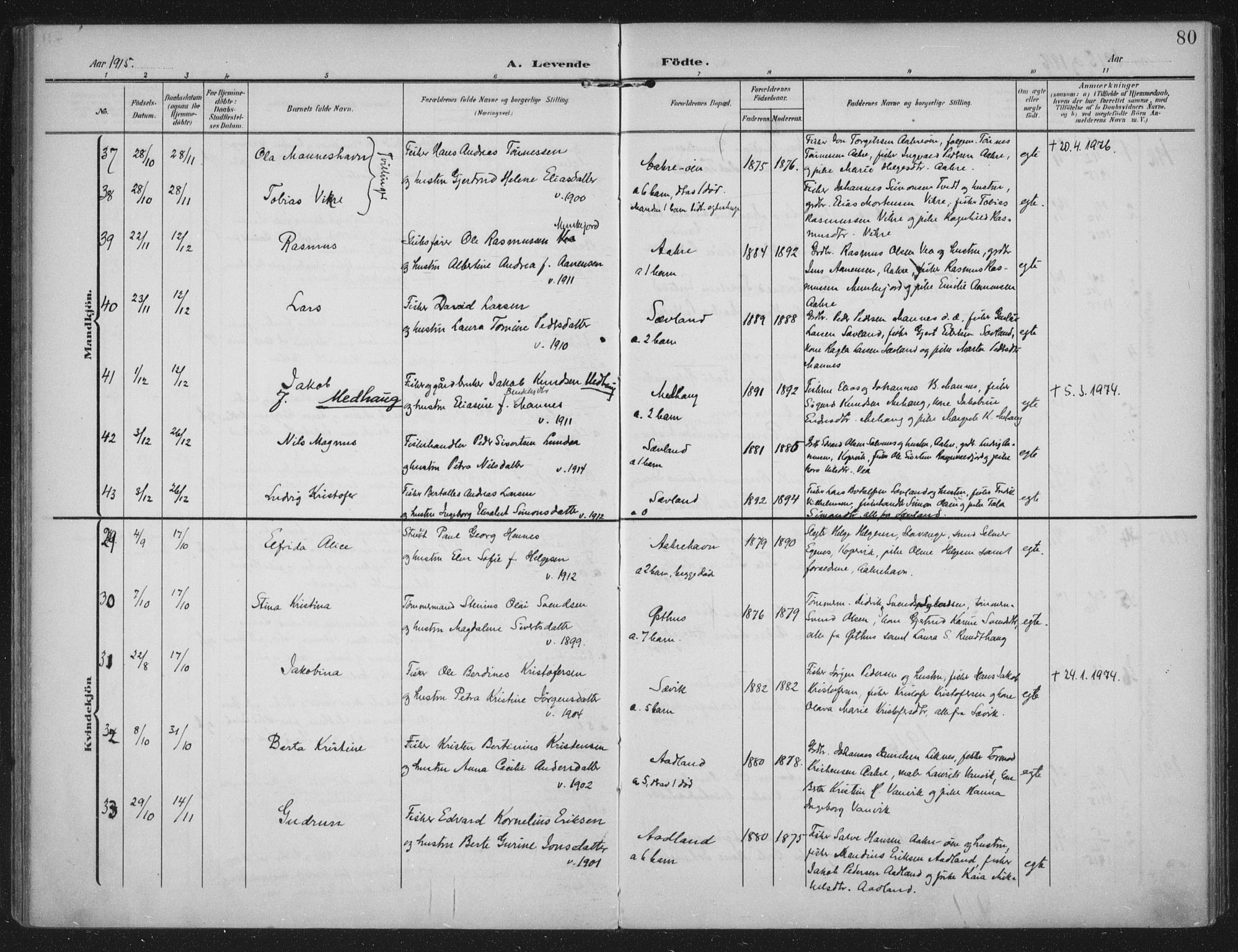 Kopervik sokneprestkontor, AV/SAST-A-101850/H/Ha/Haa/L0005: Parish register (official) no. A 5, 1906-1924, p. 80