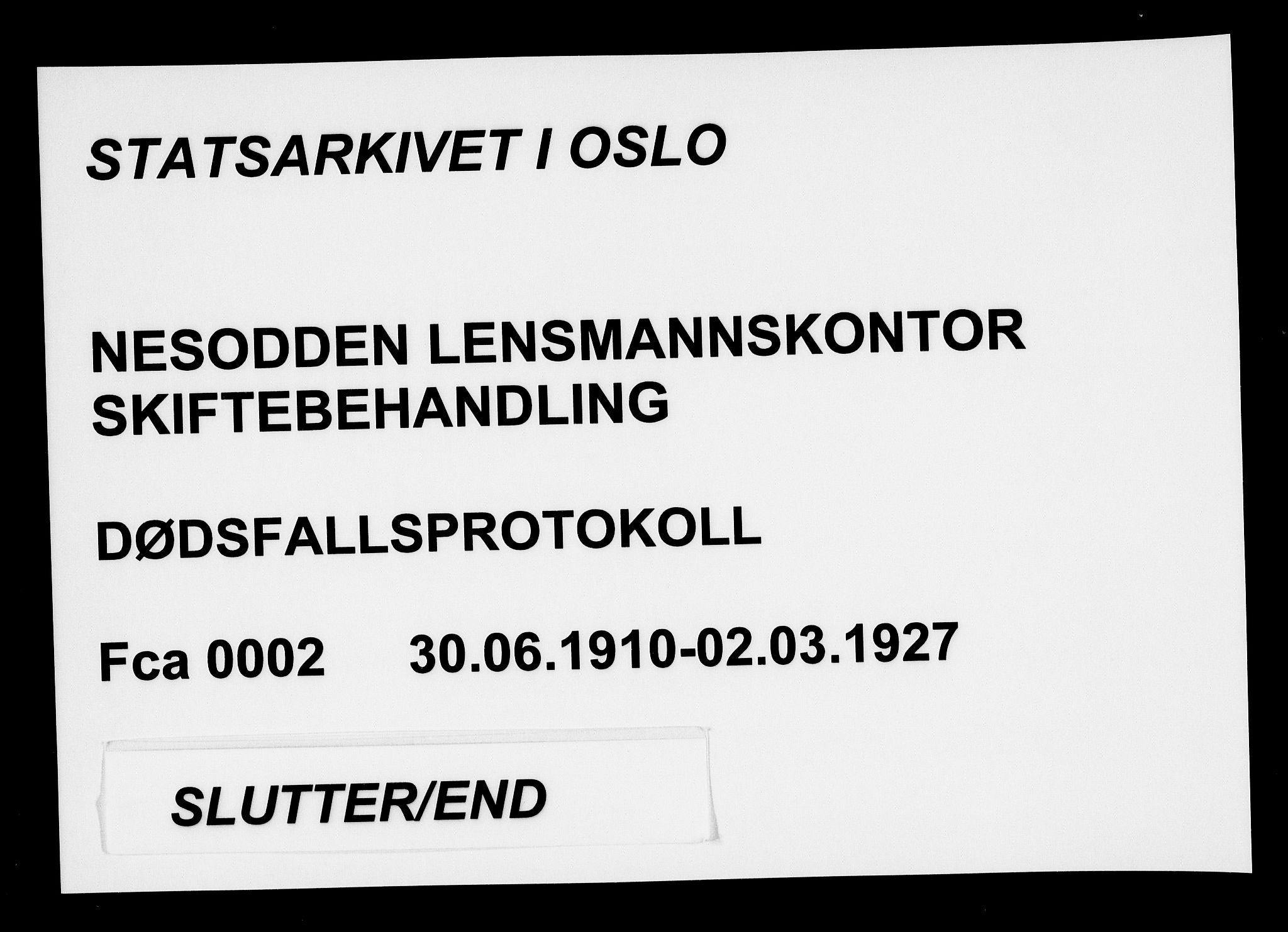 Nesodden lensmannskontor, SAO/A-10279/H/Ha/Haa/L0002: Dødsfallprotokoll, 1910-1927