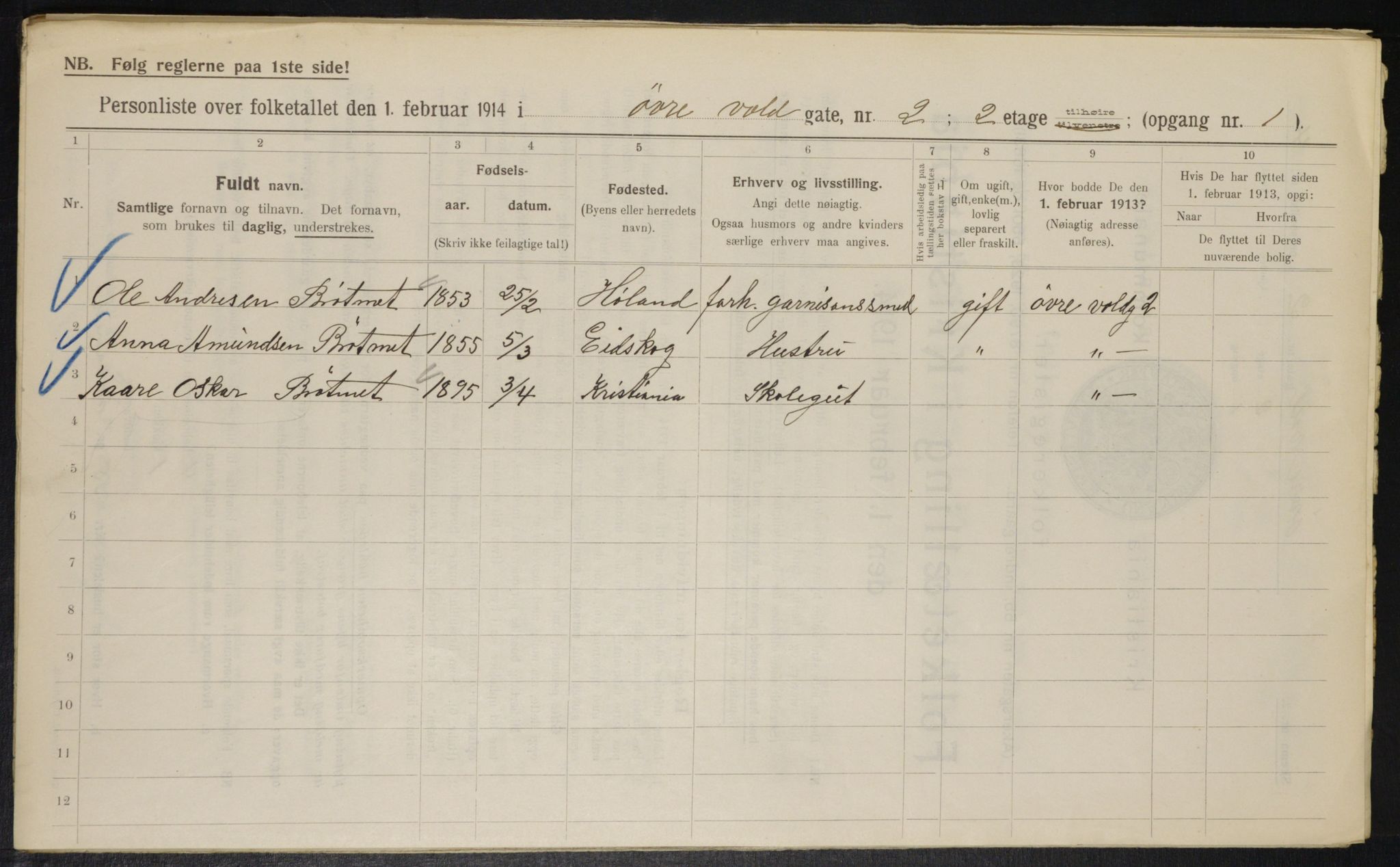 OBA, Municipal Census 1914 for Kristiania, 1914, p. 131109