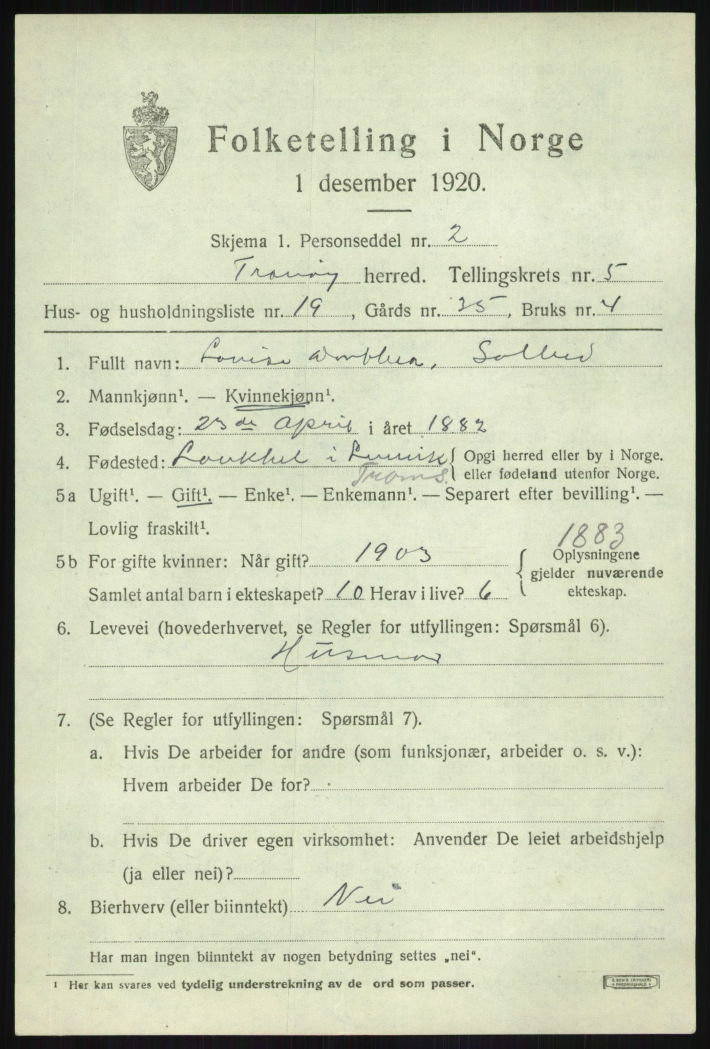 SATØ, 1920 census for Tranøy, 1920, p. 2593