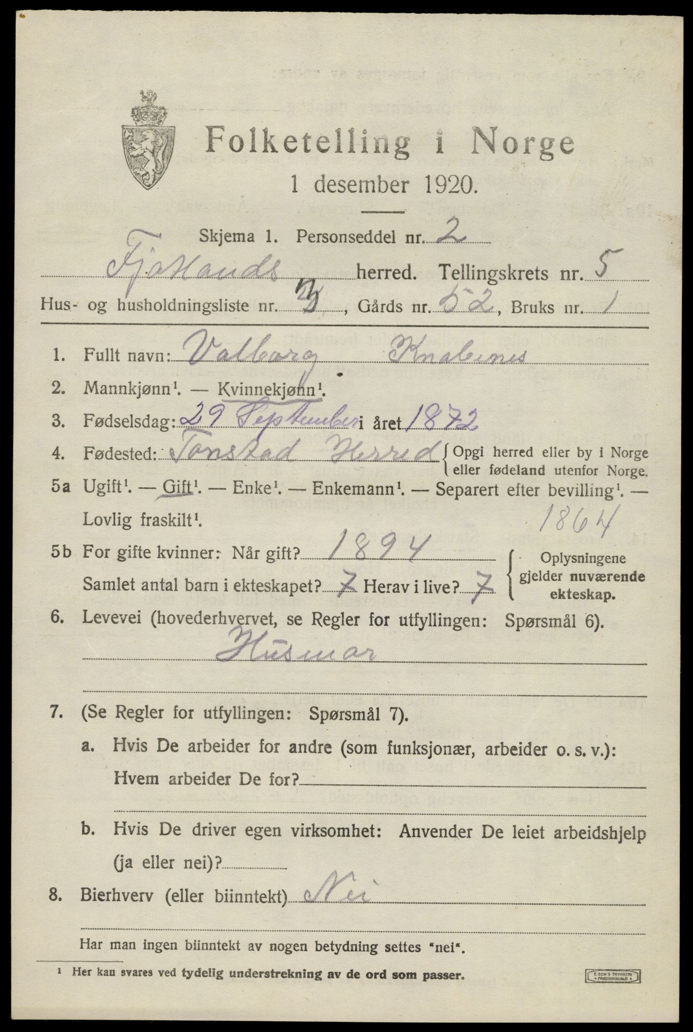 SAK, 1920 census for Fjotland, 1920, p. 1550