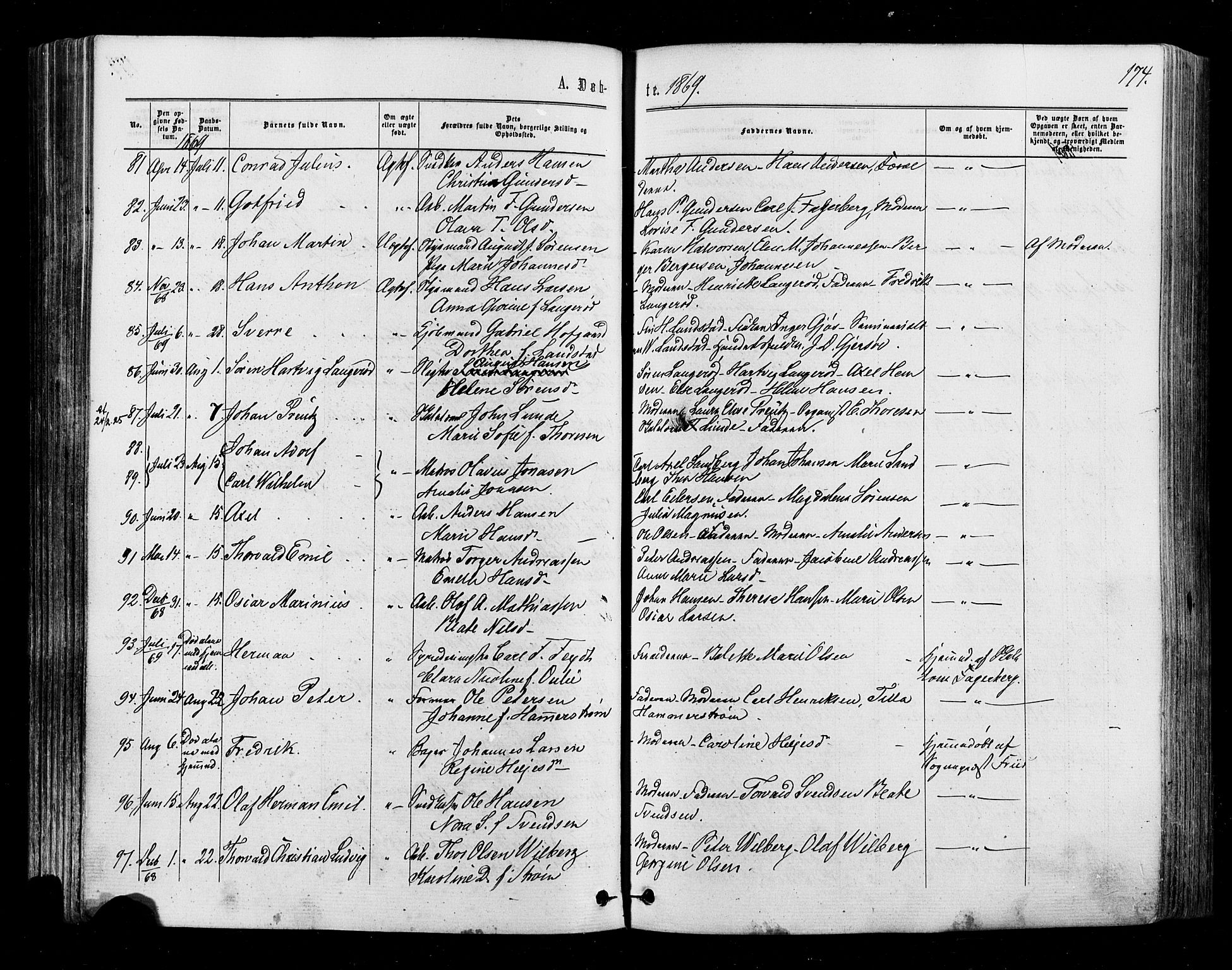 Halden prestekontor Kirkebøker, SAO/A-10909/F/Fa/L0009: Parish register (official) no. I 9, 1866-1877, p. 174