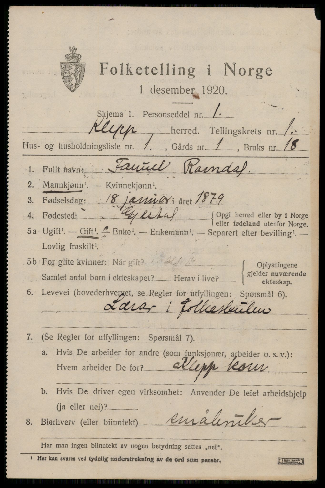 SAST, 1920 census for Klepp, 1920, p. 1188