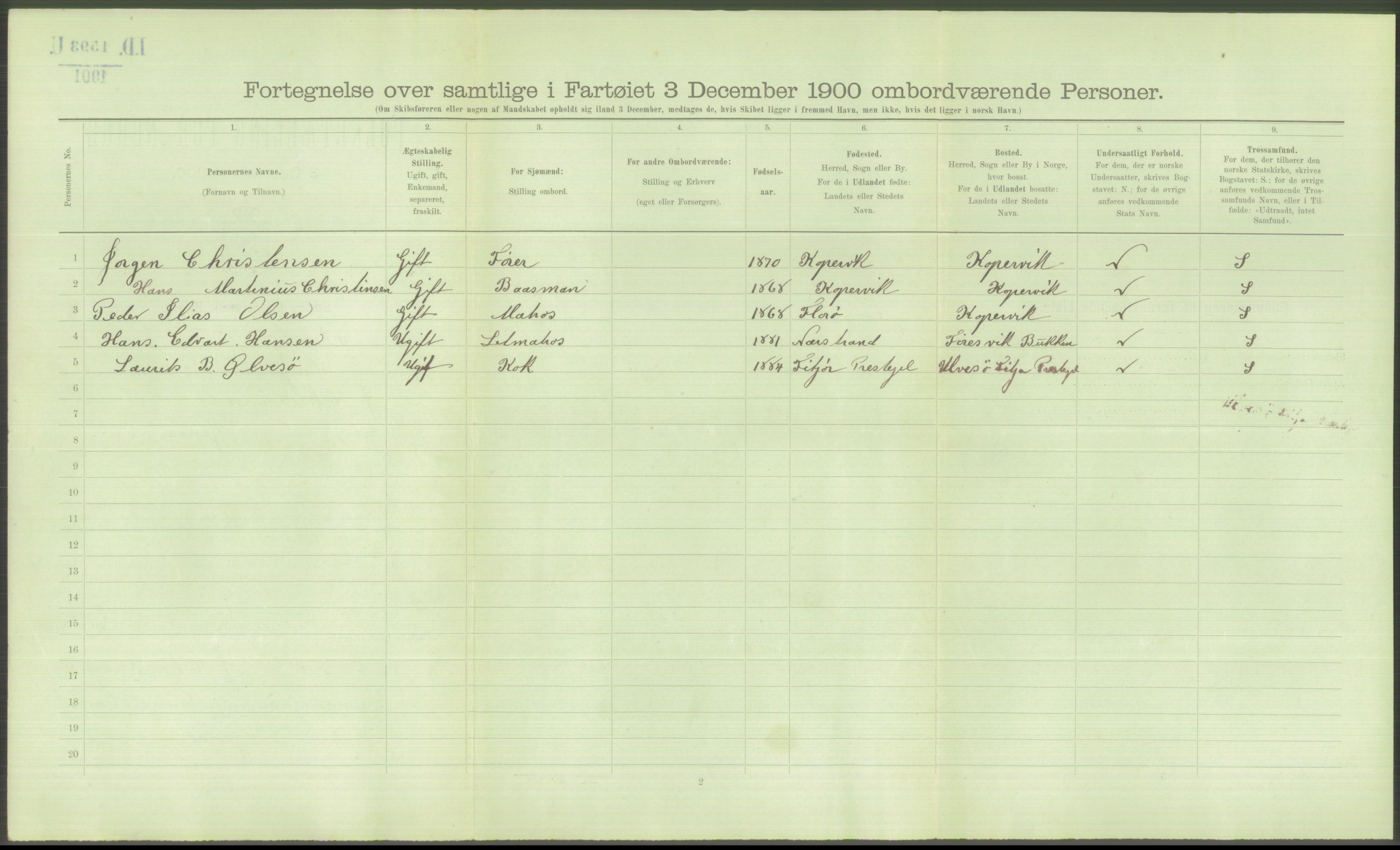 RA, 1900 Census - ship lists from ships in Norwegian harbours, harbours abroad and at sea, 1900, p. 4730