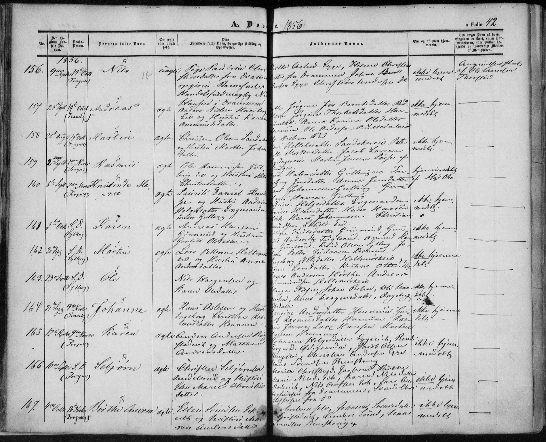 Lier kirkebøker, AV/SAKO-A-230/F/Fa/L0012: Parish register (official) no. I 12, 1854-1864, p. 42