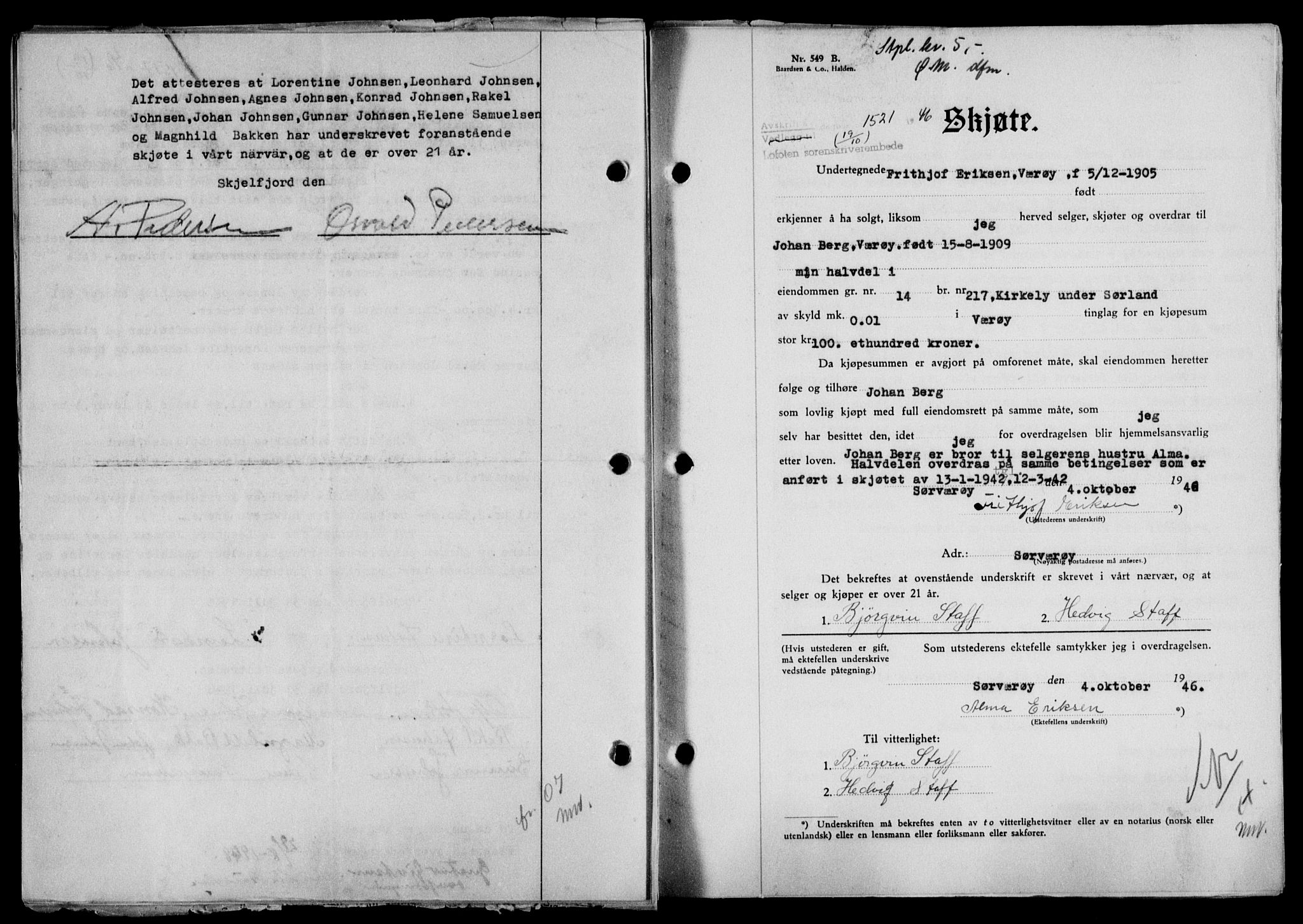 Lofoten sorenskriveri, SAT/A-0017/1/2/2C/L0014a: Mortgage book no. 14a, 1946-1946, Diary no: : 1521/1946