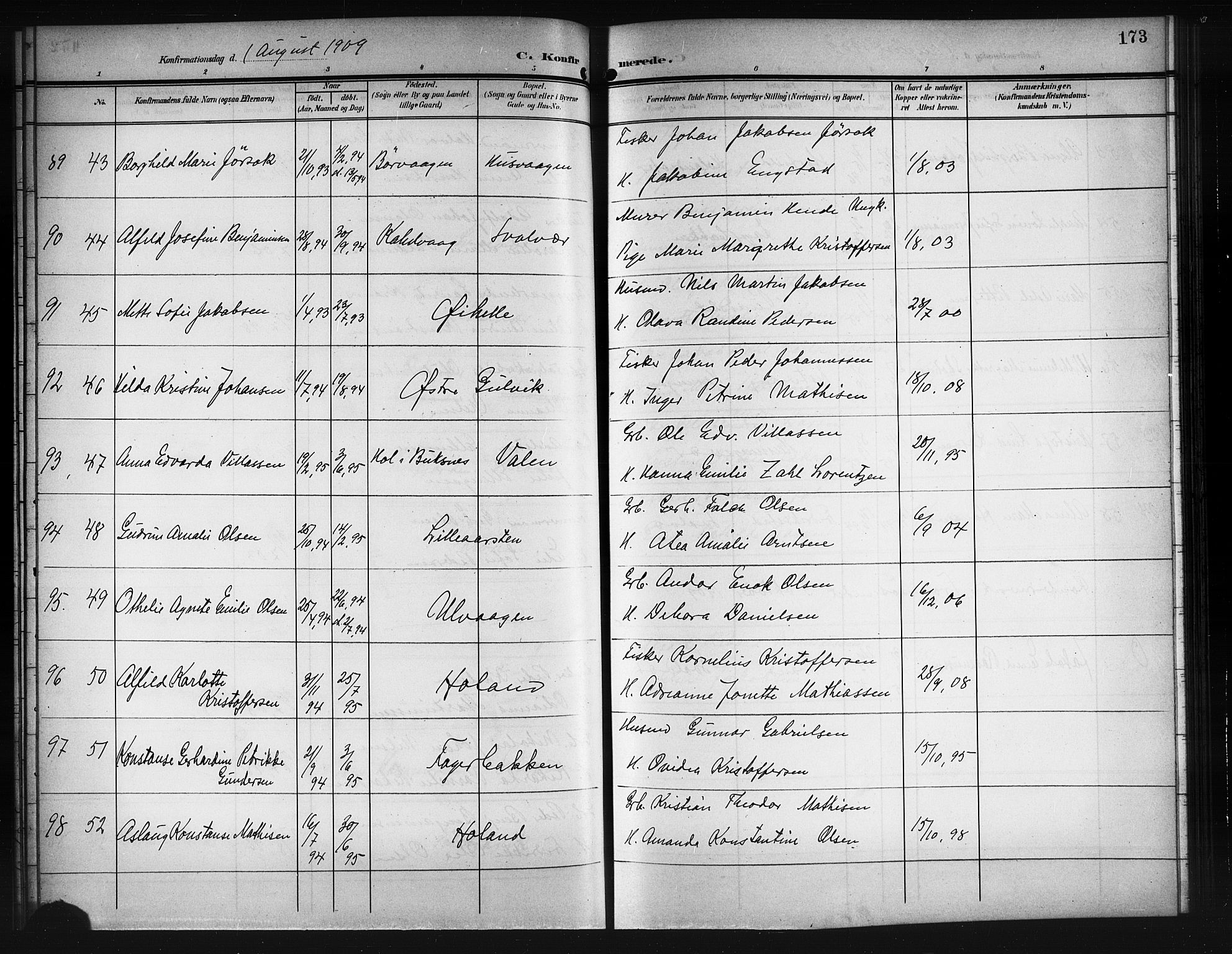 Ministerialprotokoller, klokkerbøker og fødselsregistre - Nordland, SAT/A-1459/874/L1079: Parish register (copy) no. 874C08, 1907-1915, p. 173