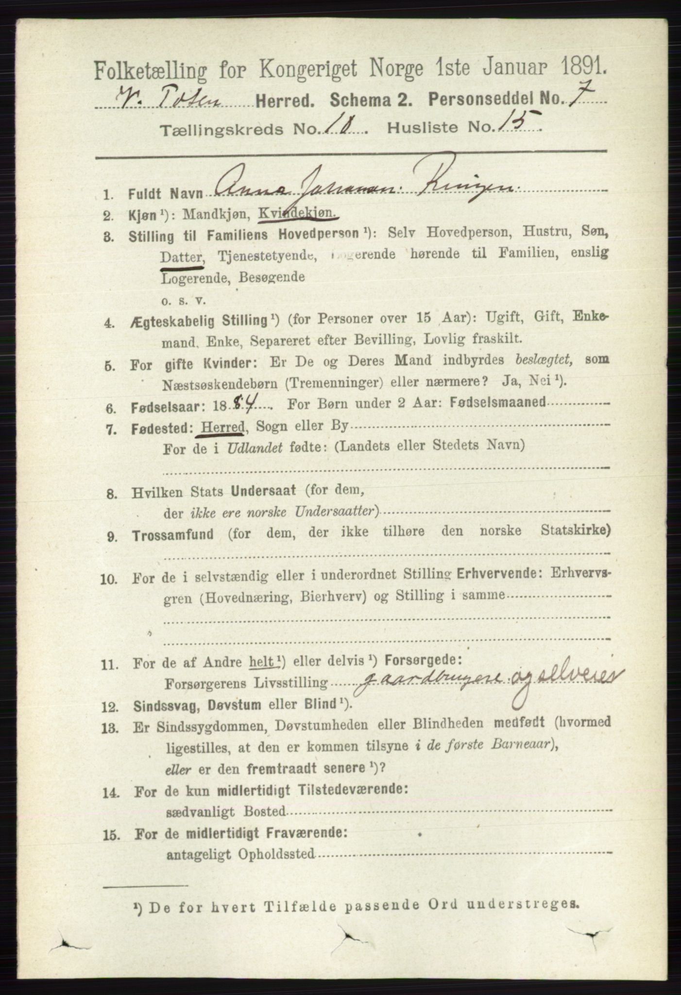 RA, 1891 census for 0529 Vestre Toten, 1891, p. 6270