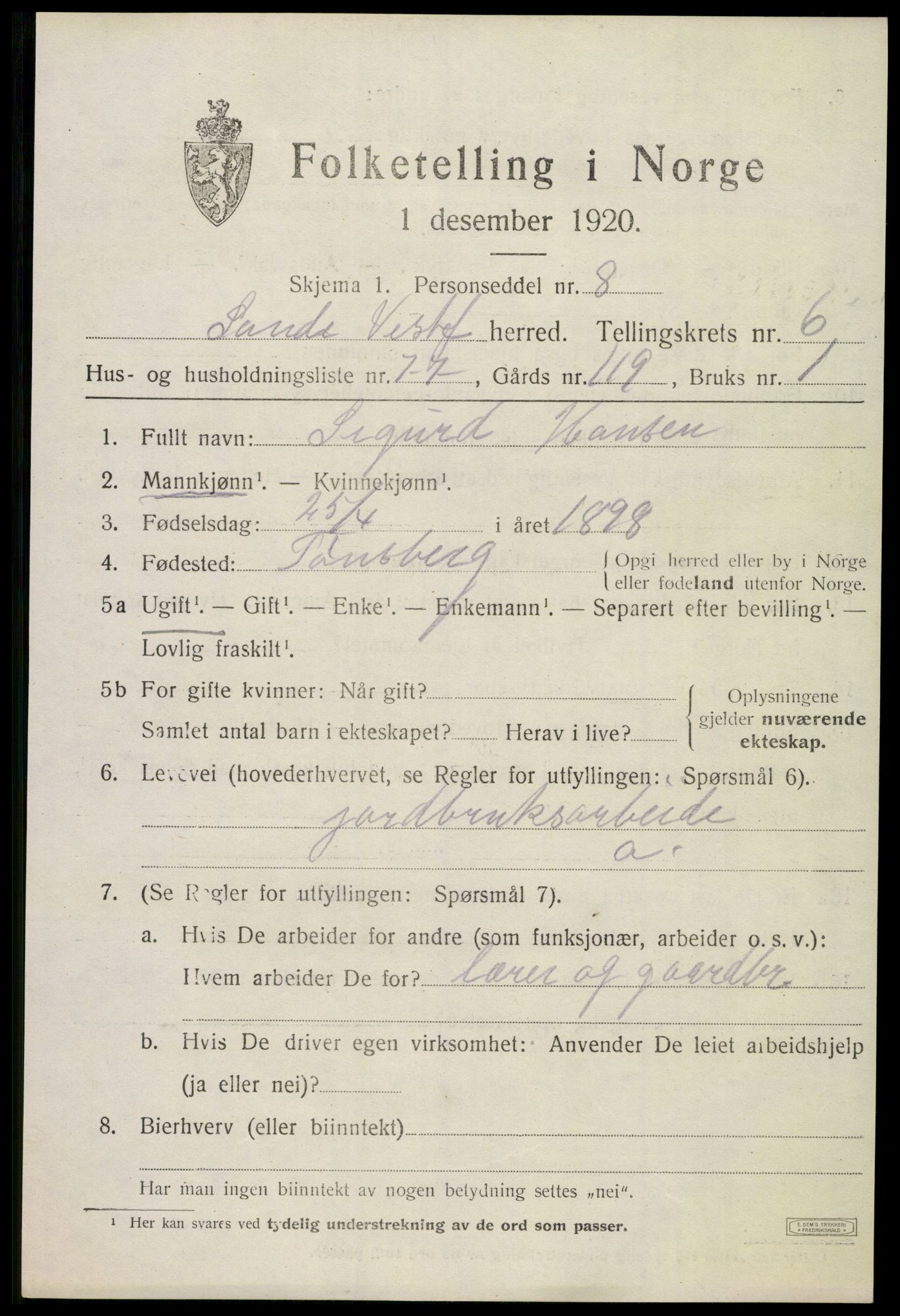 SAKO, 1920 census for Sande, 1920, p. 8070