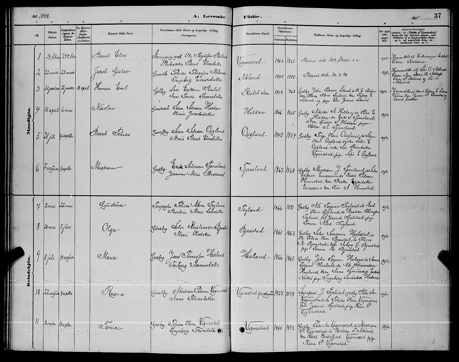 Nord-Audnedal sokneprestkontor, SAK/1111-0032/F/Fb/Fbb/L0003: Parish register (copy) no. B 3, 1882-1900, p. 37